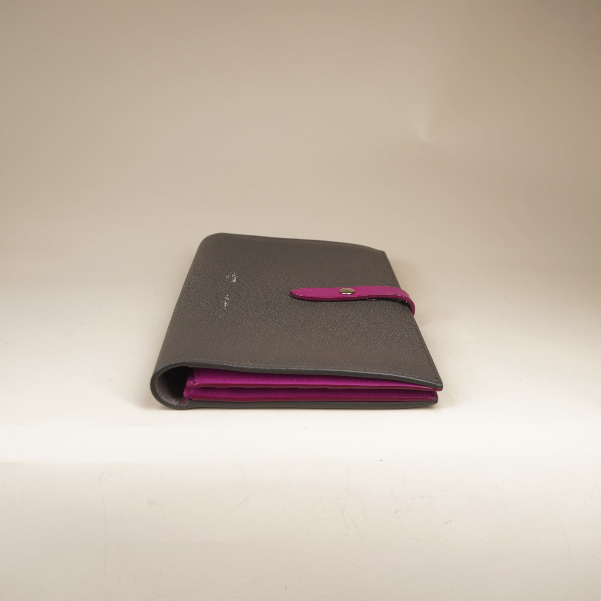 PRE-OWNED Grey Grained Calfskin Large Multifunction Strap Wallet