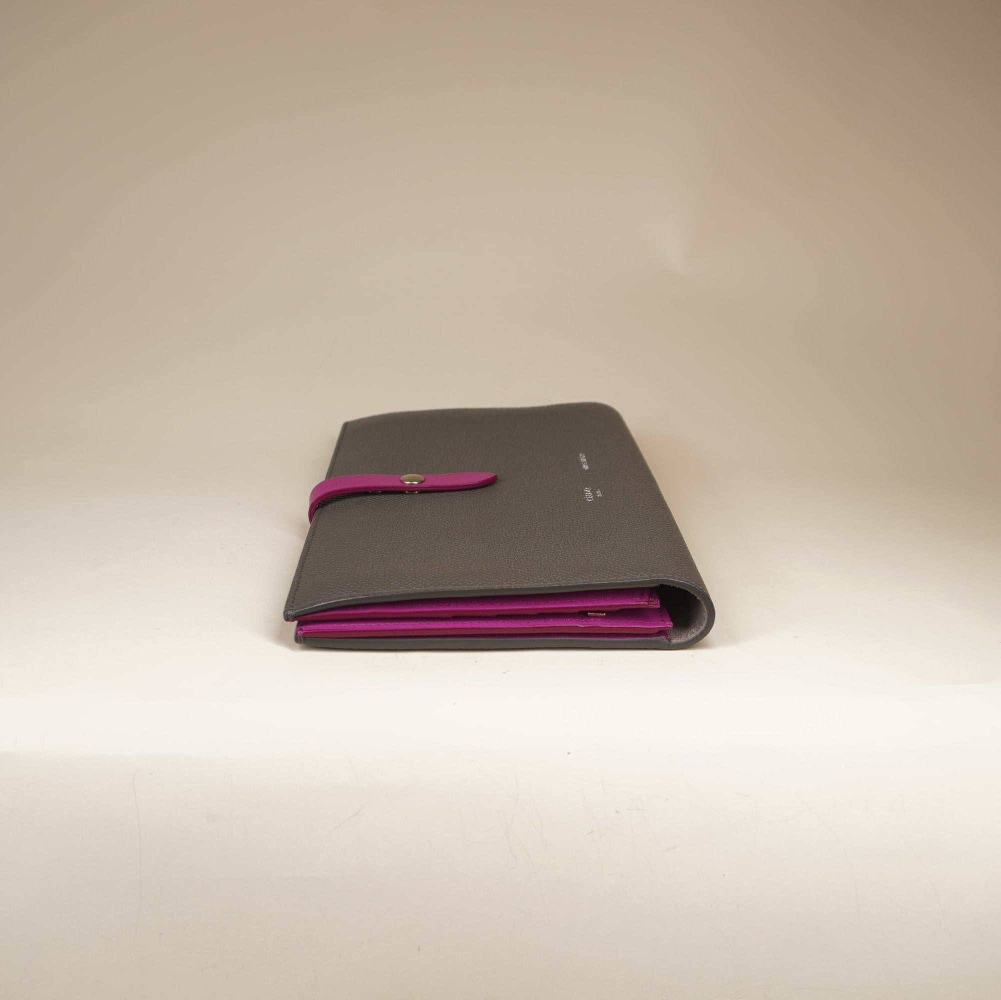 PRE-OWNED Grey Grained Calfskin Large Multifunction Strap Wallet