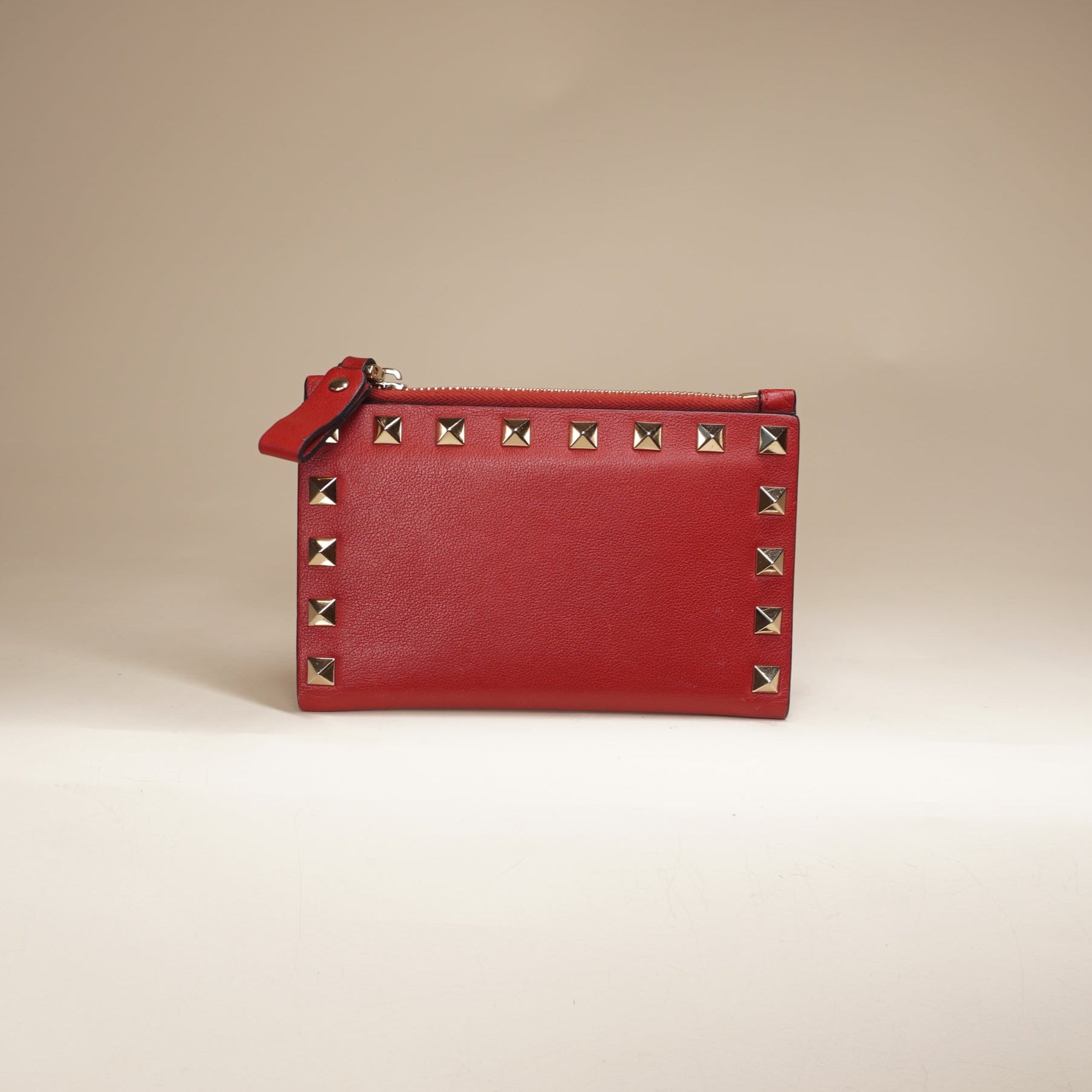 PRE-OWNED Rockstud Grained Calfskin Red Short Wallet