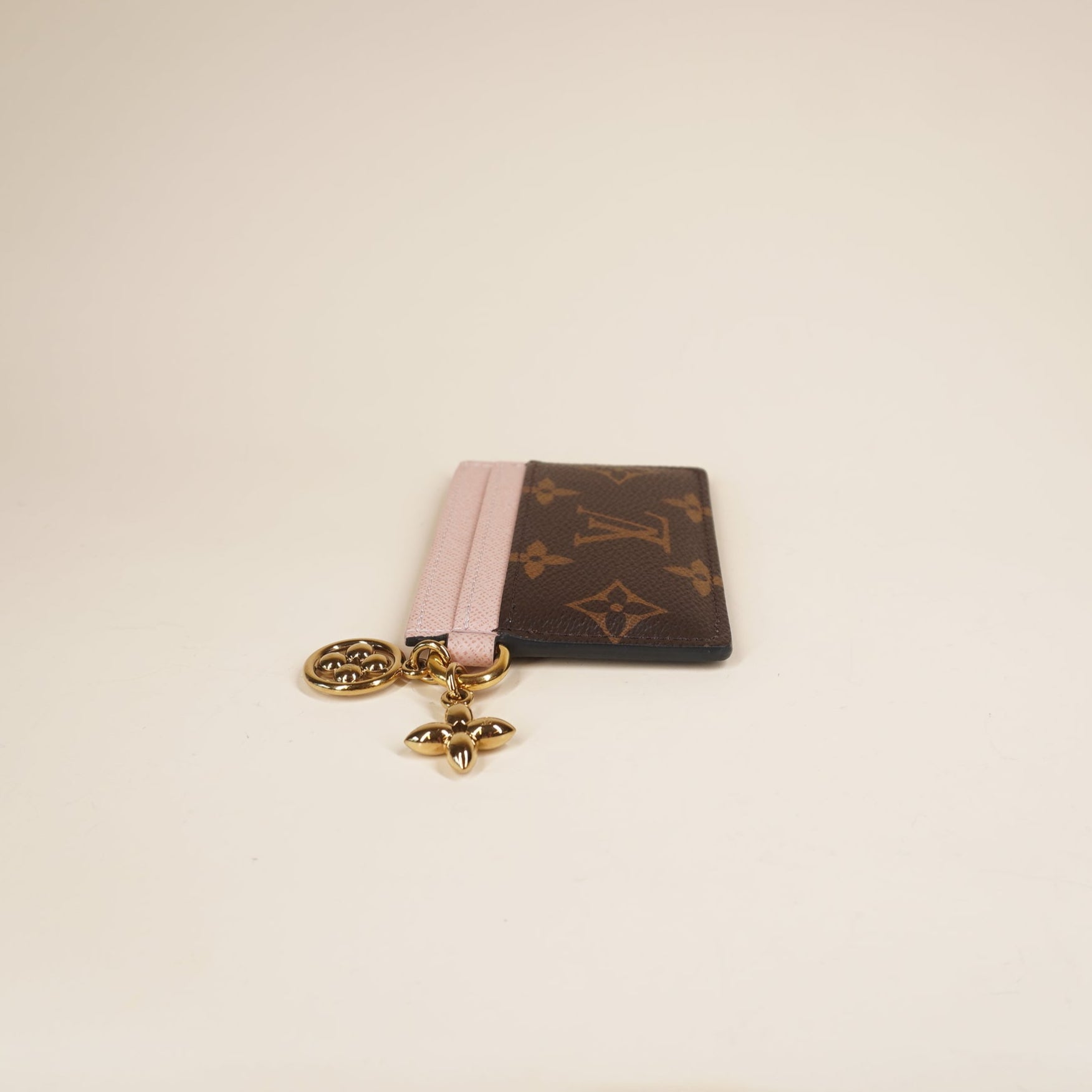 PRE-OWNED Monogram LV Charms Card Holder Rose Ballerine