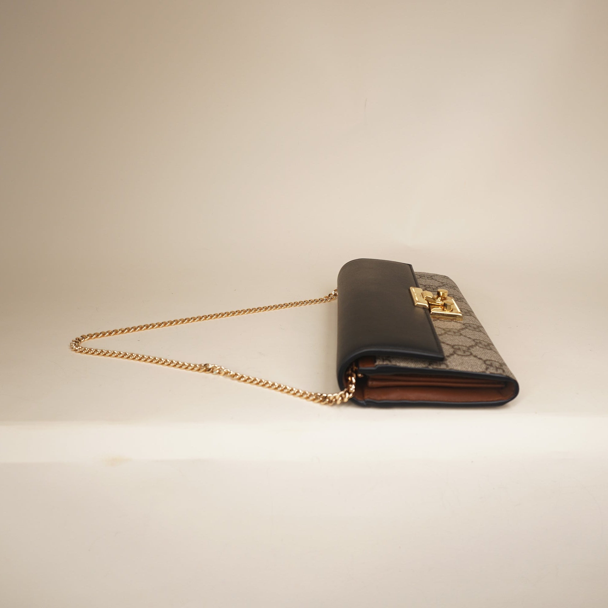 PRE-OWNED GG Supreme Monogram Moon Calfskin Padlock Continental Chain Wallet