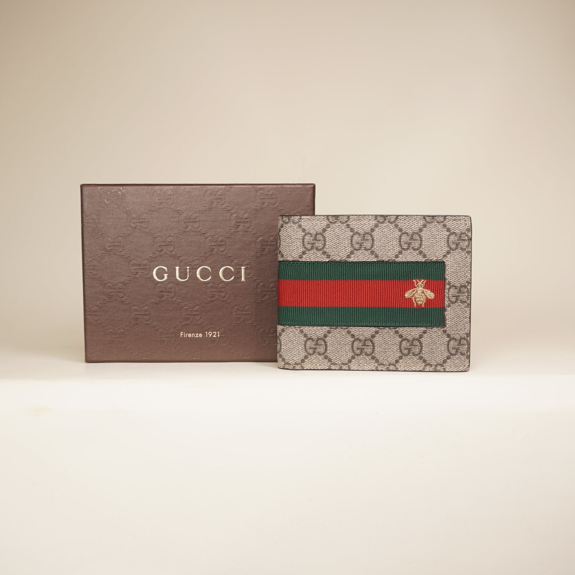 PRE-OWNED GG Supreme Monogram Selleria Calfskin Web Bee Embroidered New Web Bi-Fold Wallet