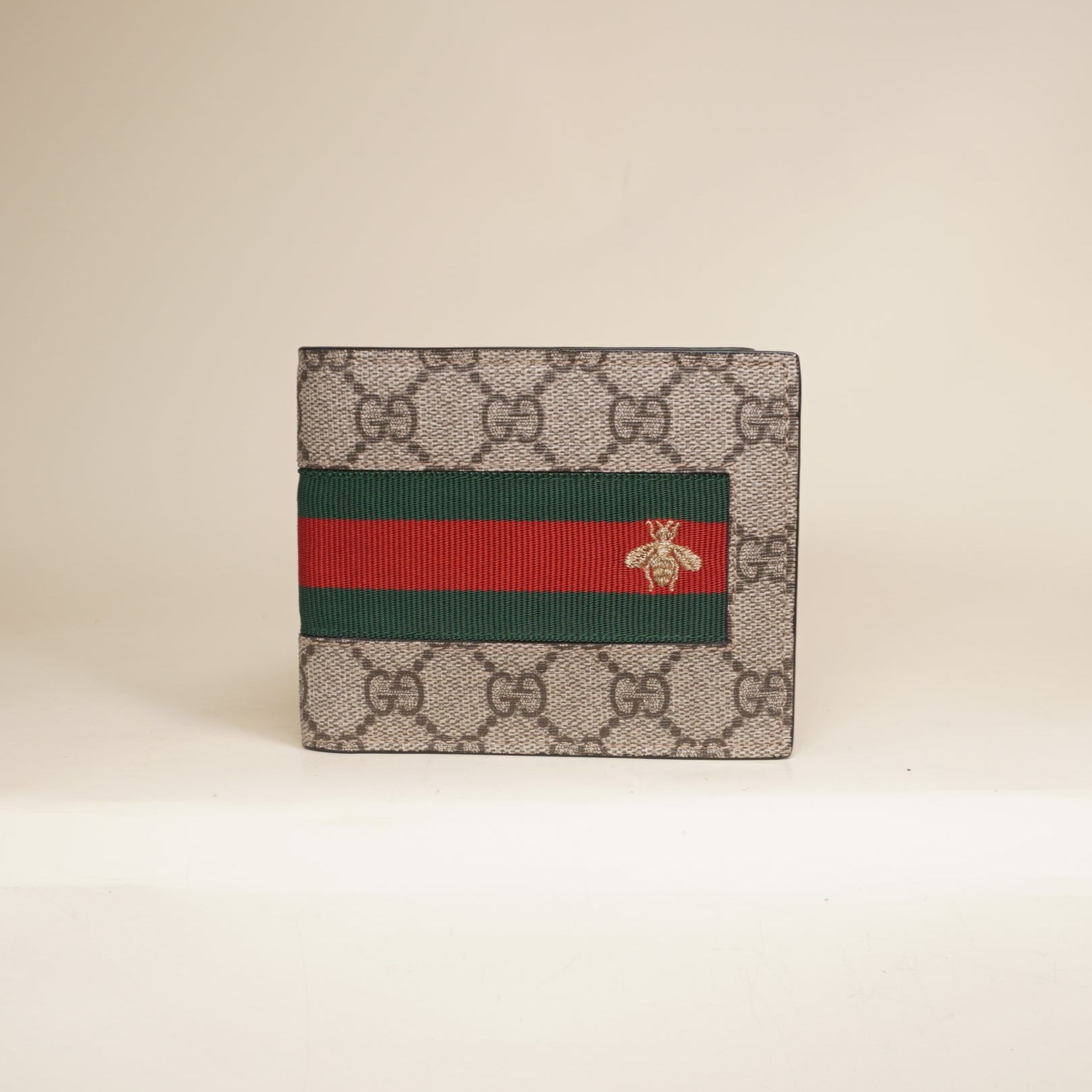 PRE-OWNED GG Supreme Monogram Selleria Calfskin Web Bee Embroidered New Web Bi-Fold Wallet