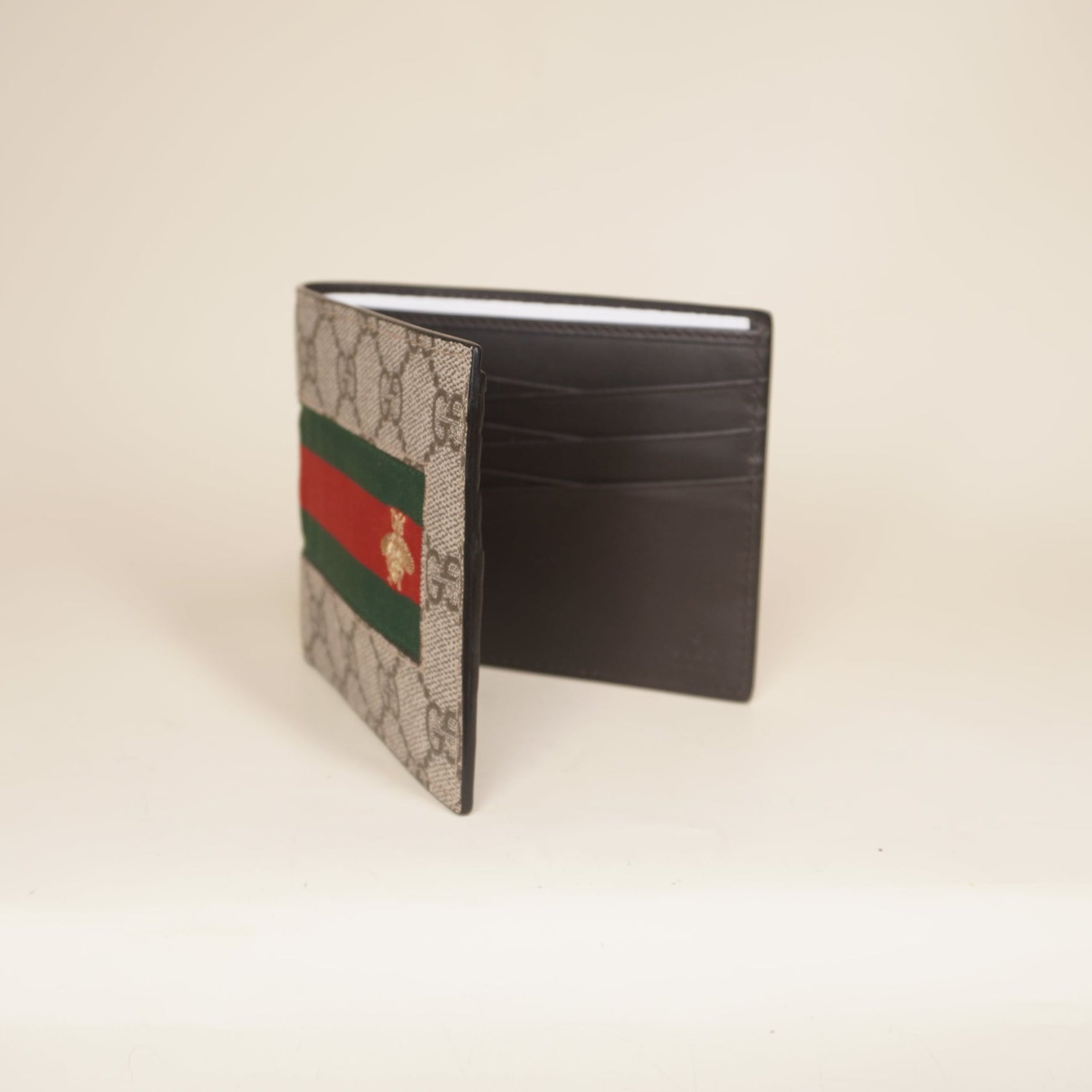 PRE-OWNED GG Supreme Monogram Selleria Calfskin Web Bee Embroidered New Web Bi-Fold Wallet