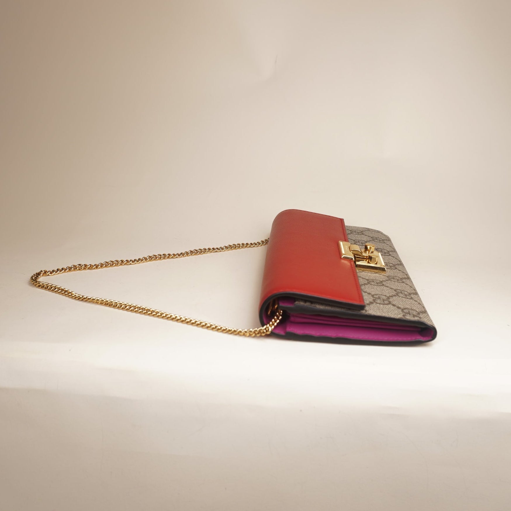PRE-OWNED GG Supreme Monogram Moon Calfskin Padlock Continental Chain Wallet