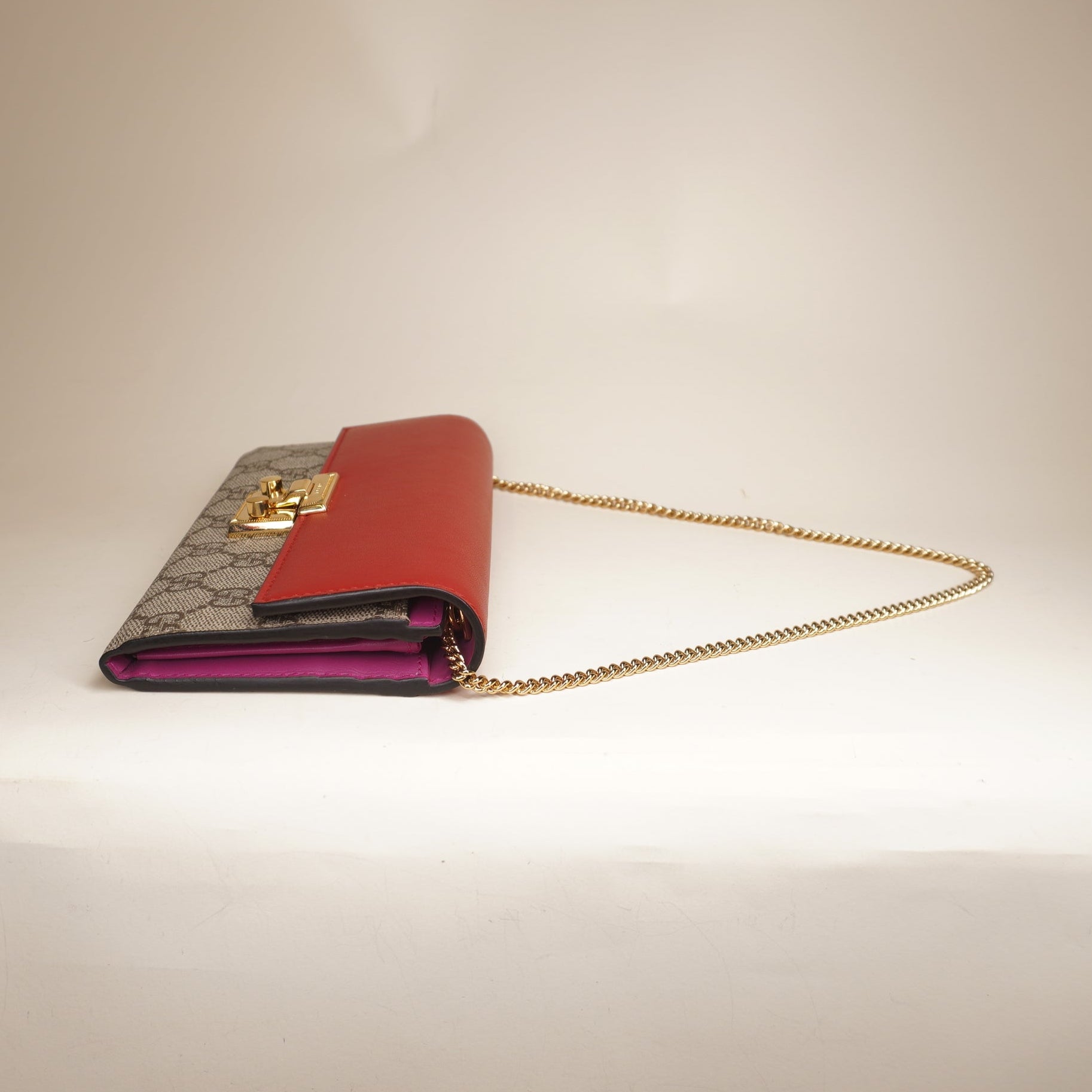 PRE-OWNED GG Supreme Monogram Moon Calfskin Padlock Continental Chain Wallet