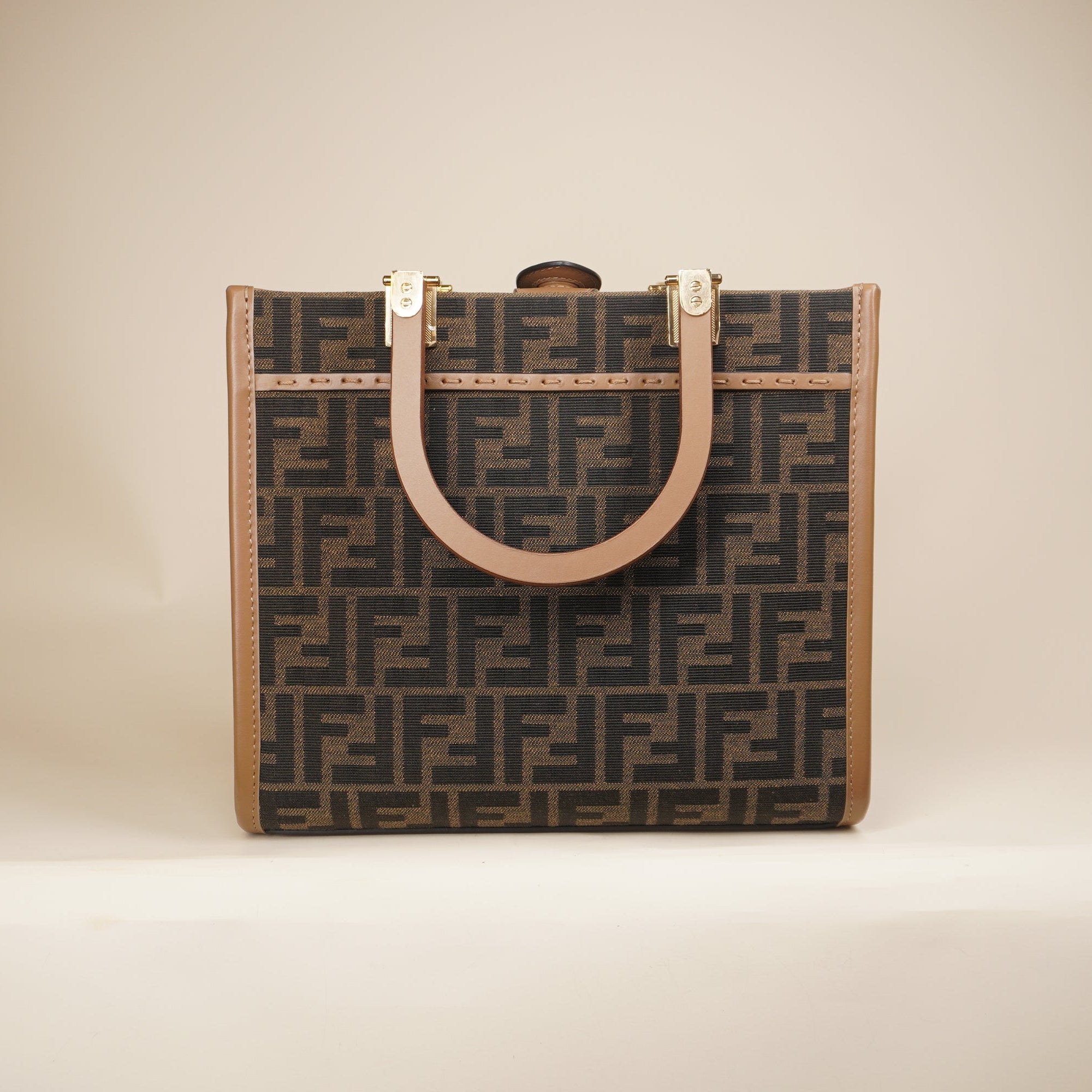 PRE-OWNED Fabric Jacquard FF 1974 Small Sunshine Shopper Tote Brown Moro Sand