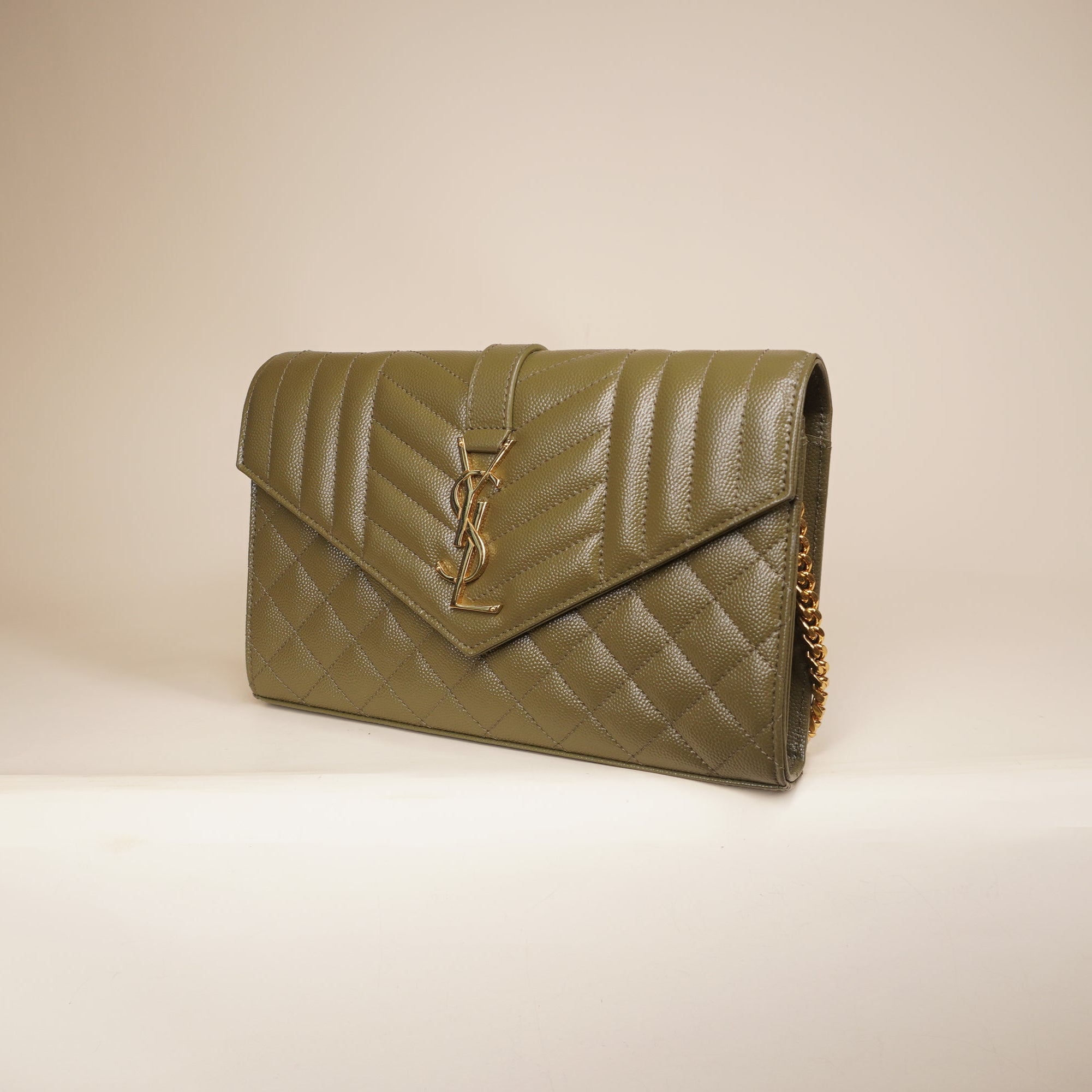 PRE-OWNED Olive Green Envelope Triquilt YSL Wallet On Chain