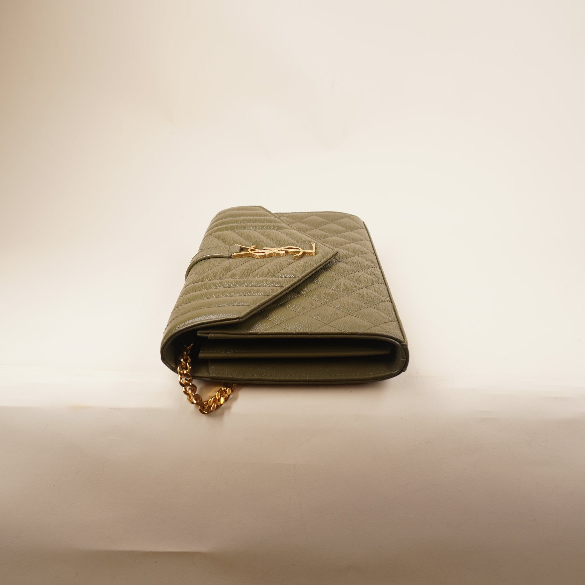 PRE-OWNED Olive Green Envelope Triquilt YSL Wallet On Chain