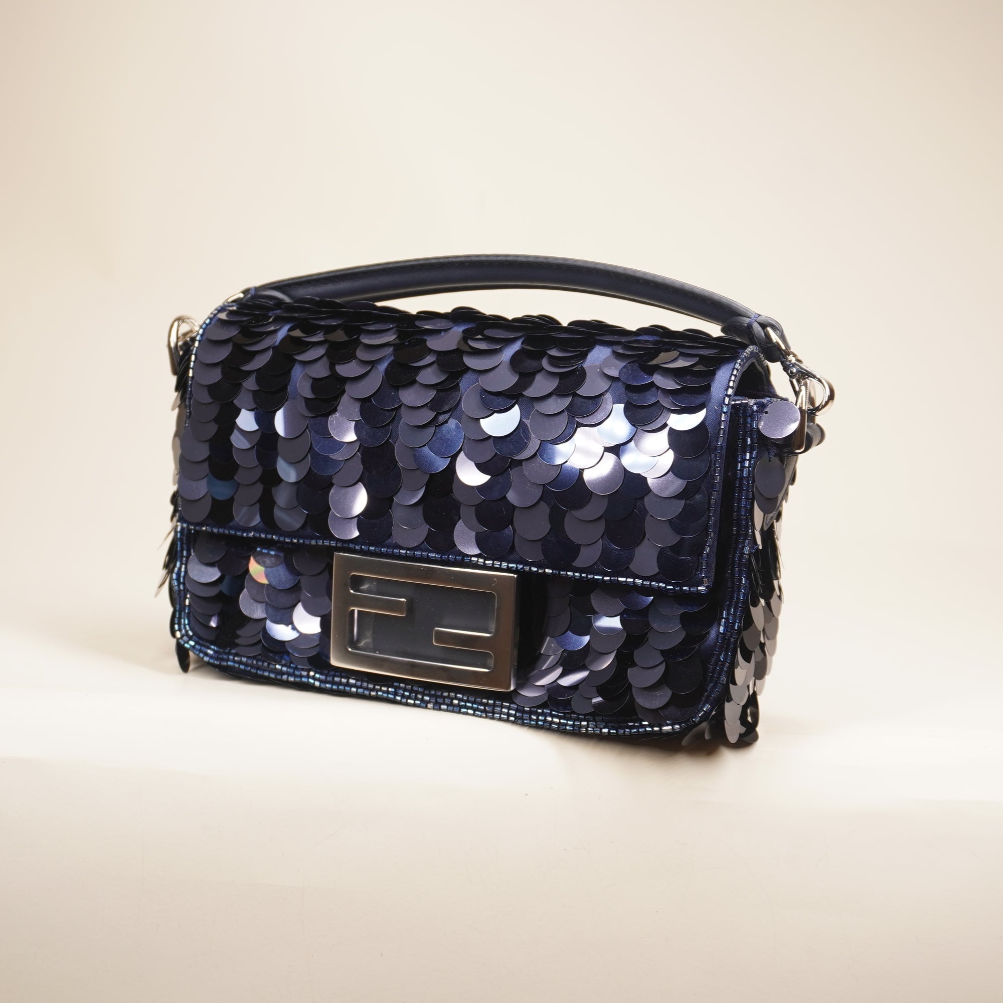 PRE-OWNED Sequin Paillettes Vitello Grace Striped Mini Baguette Dark Blue Lunai