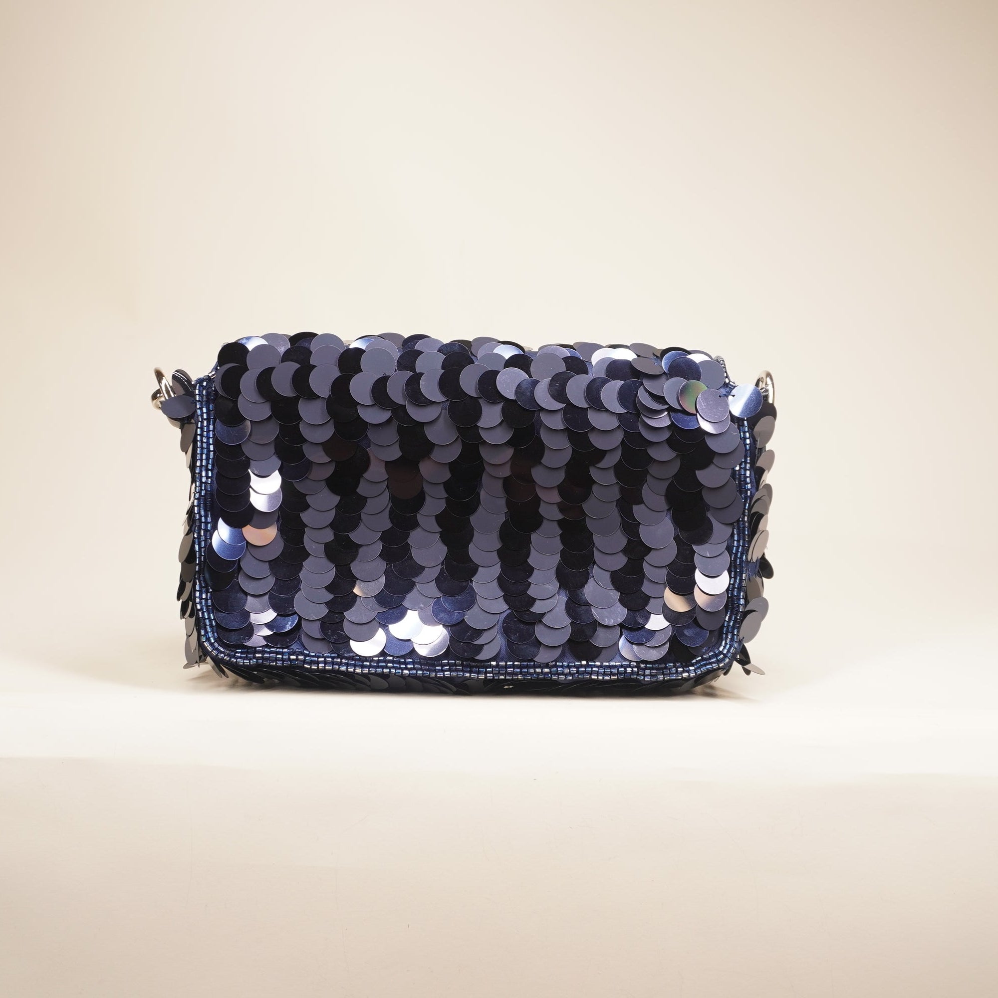 PRE-OWNED Sequin Paillettes Vitello Grace Striped Mini Baguette Dark Blue Lunai