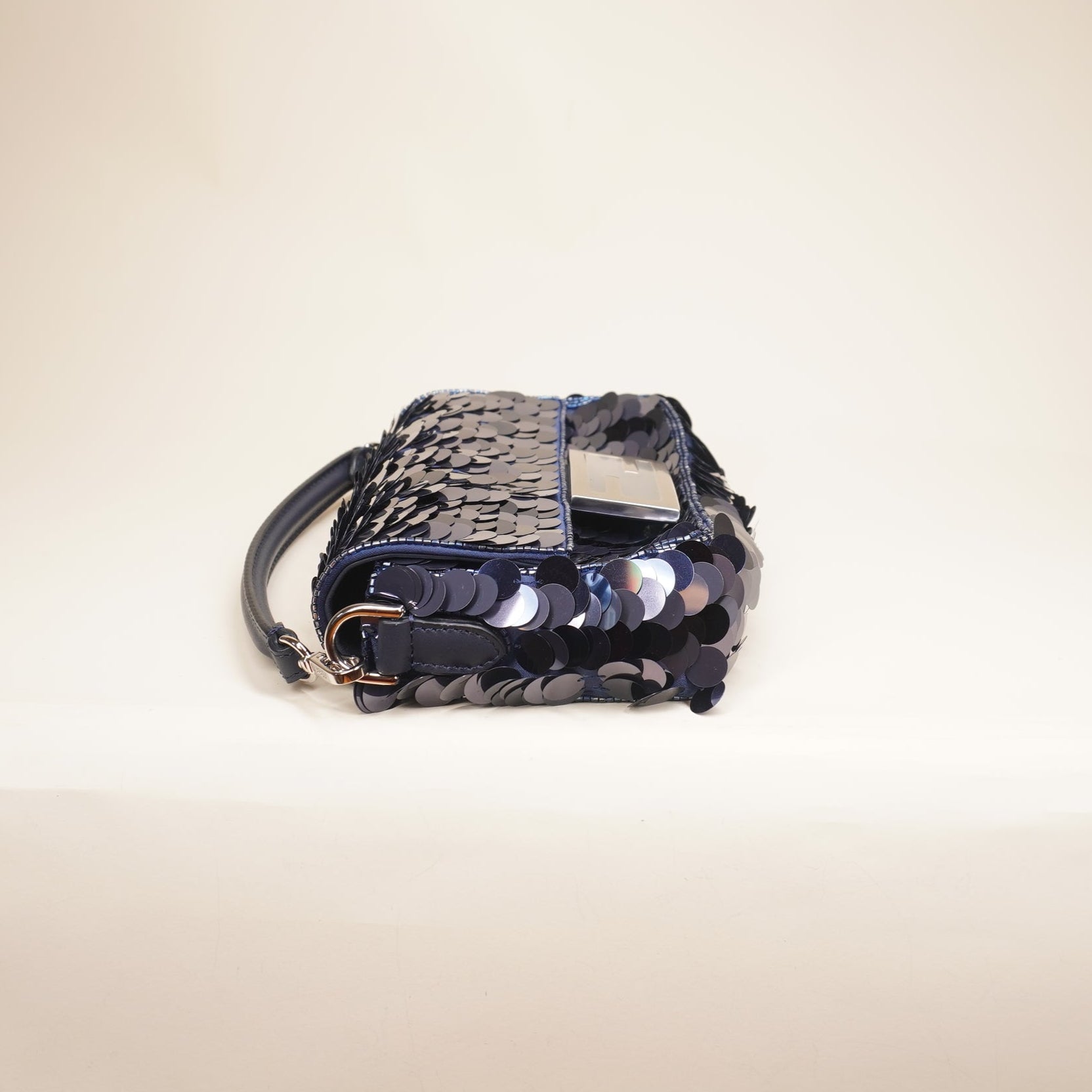 PRE-OWNED Sequin Paillettes Vitello Grace Striped Mini Baguette Dark Blue Lunai