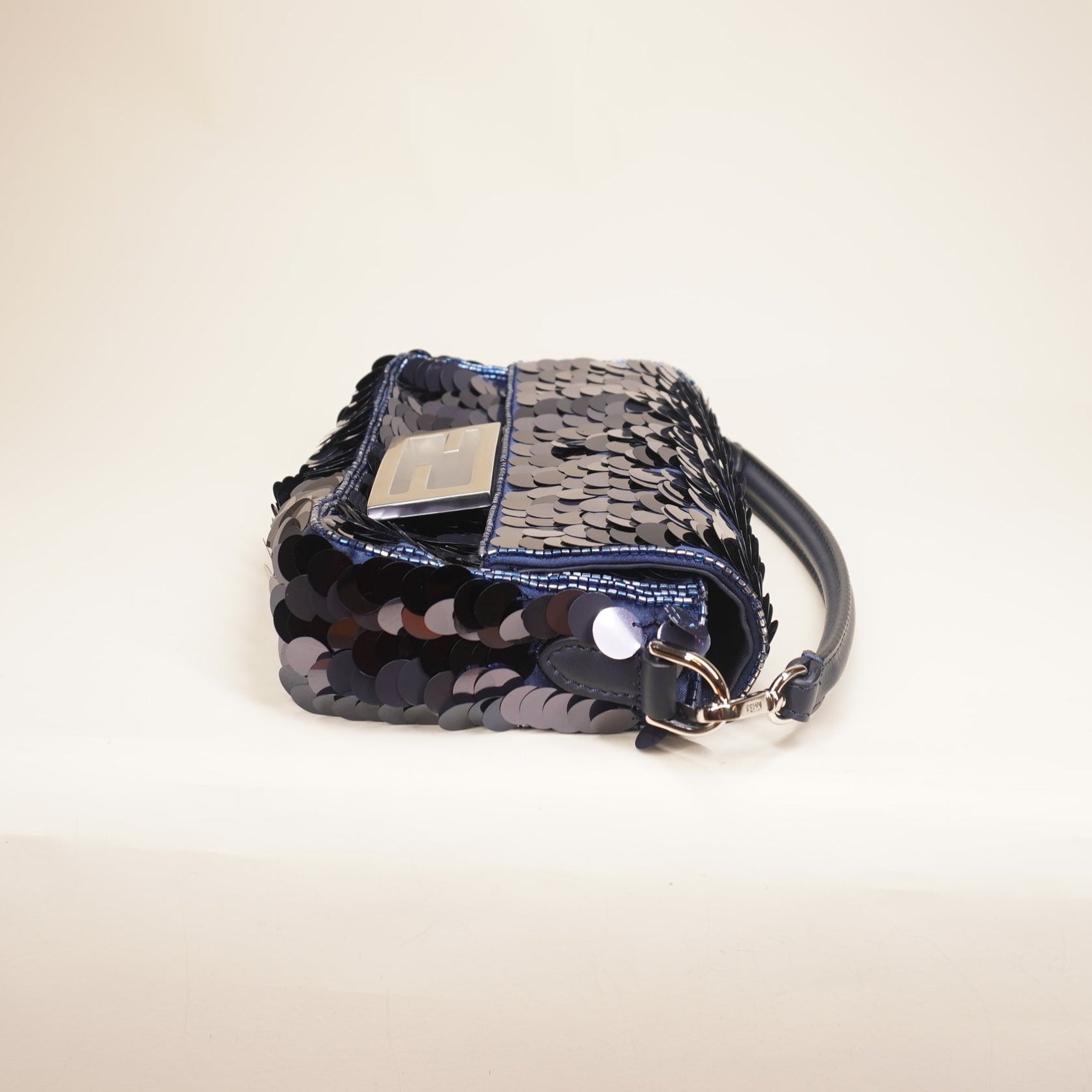 PRE-OWNED Sequin Paillettes Vitello Grace Striped Mini Baguette Dark Blue Lunai