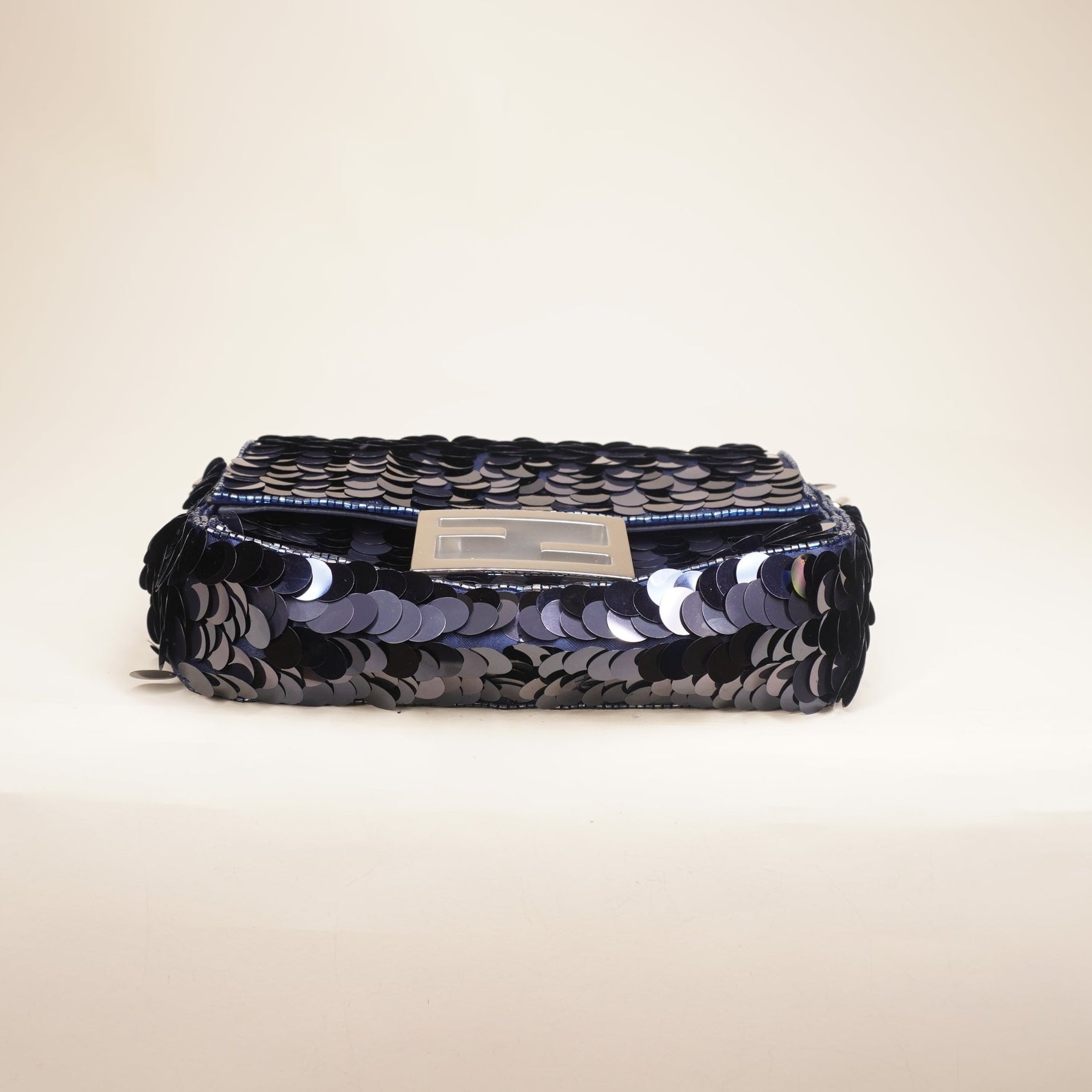 PRE-OWNED Sequin Paillettes Vitello Grace Striped Mini Baguette Dark Blue Lunai