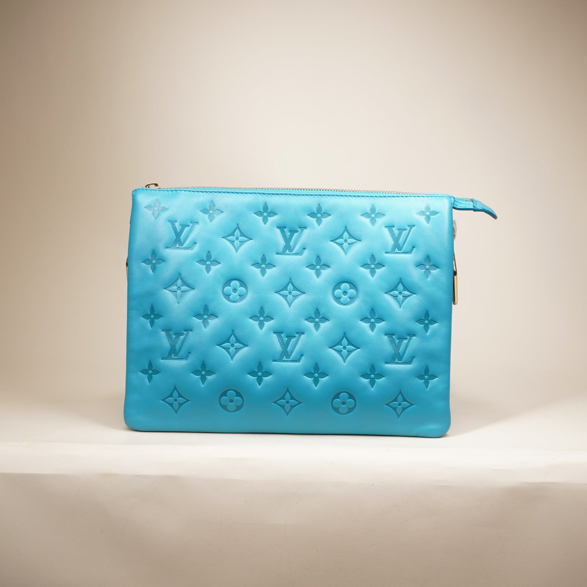 PRE-OWNED Lambskin Embossed Monogram Coussin PM Blue