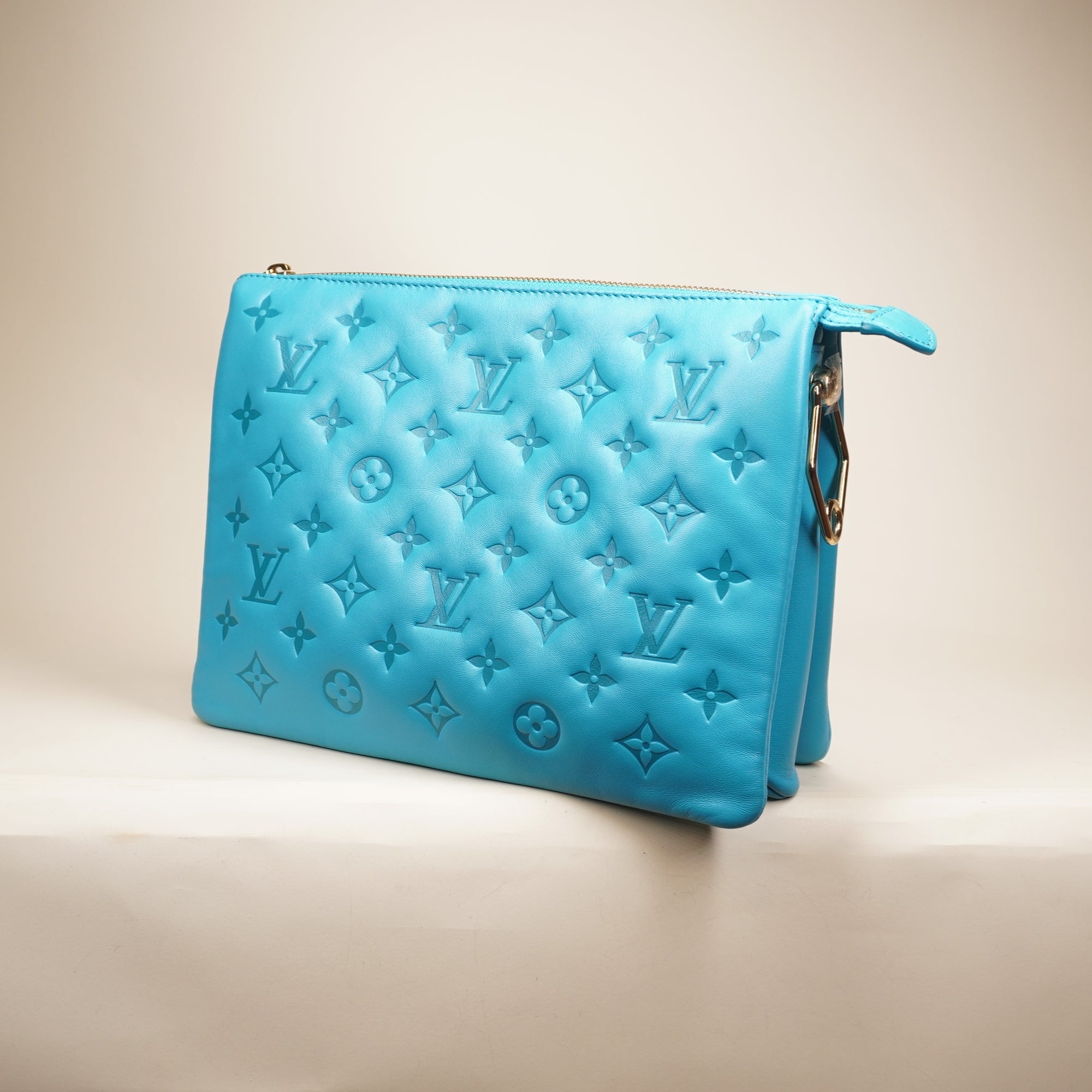 PRE-OWNED Lambskin Embossed Monogram Coussin PM Blue