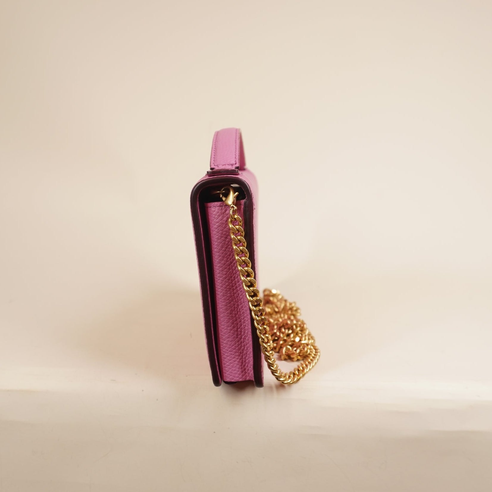 PRE-OWNED Hot Pink Grainy Calfskin VLogo Top Handle Wallet With Chain