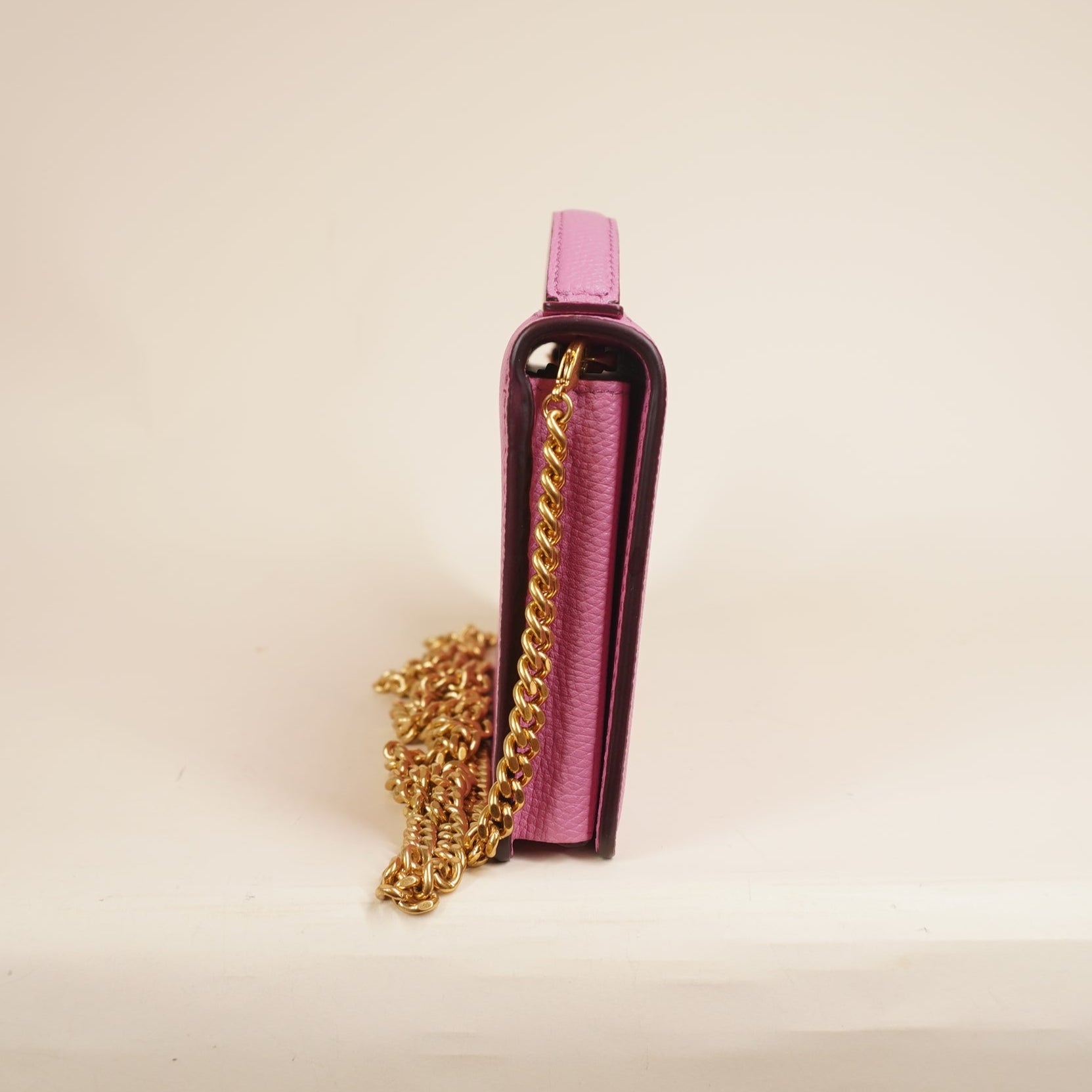 PRE-OWNED Hot Pink Grainy Calfskin VLogo Top Handle Wallet With Chain