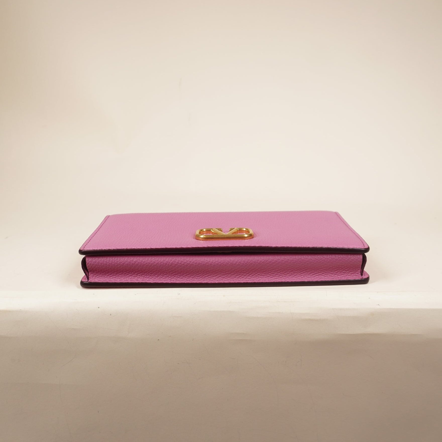 PRE-OWNED Hot Pink Grainy Calfskin VLogo Top Handle Wallet With Chain