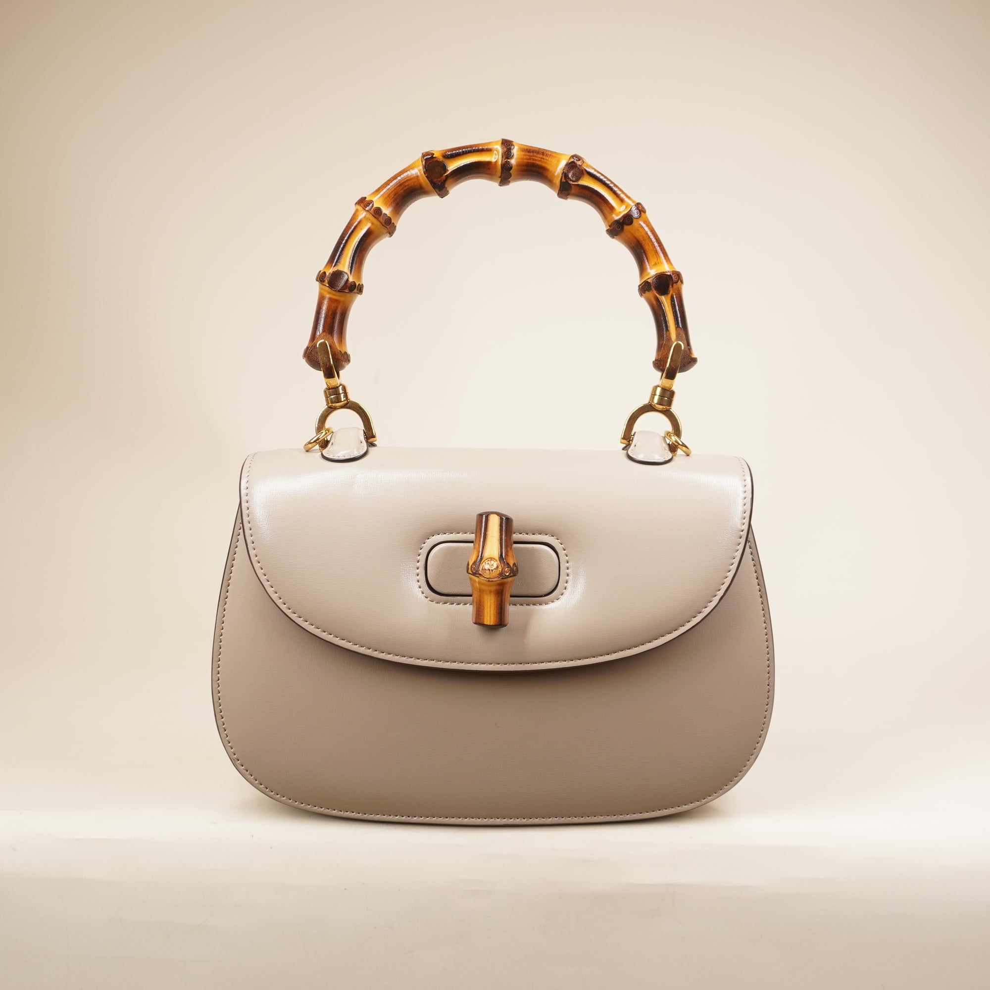 PRE-OWNED 1947 Bamboo Top Handle Grey Calfskin Leather Shoulder Bag
