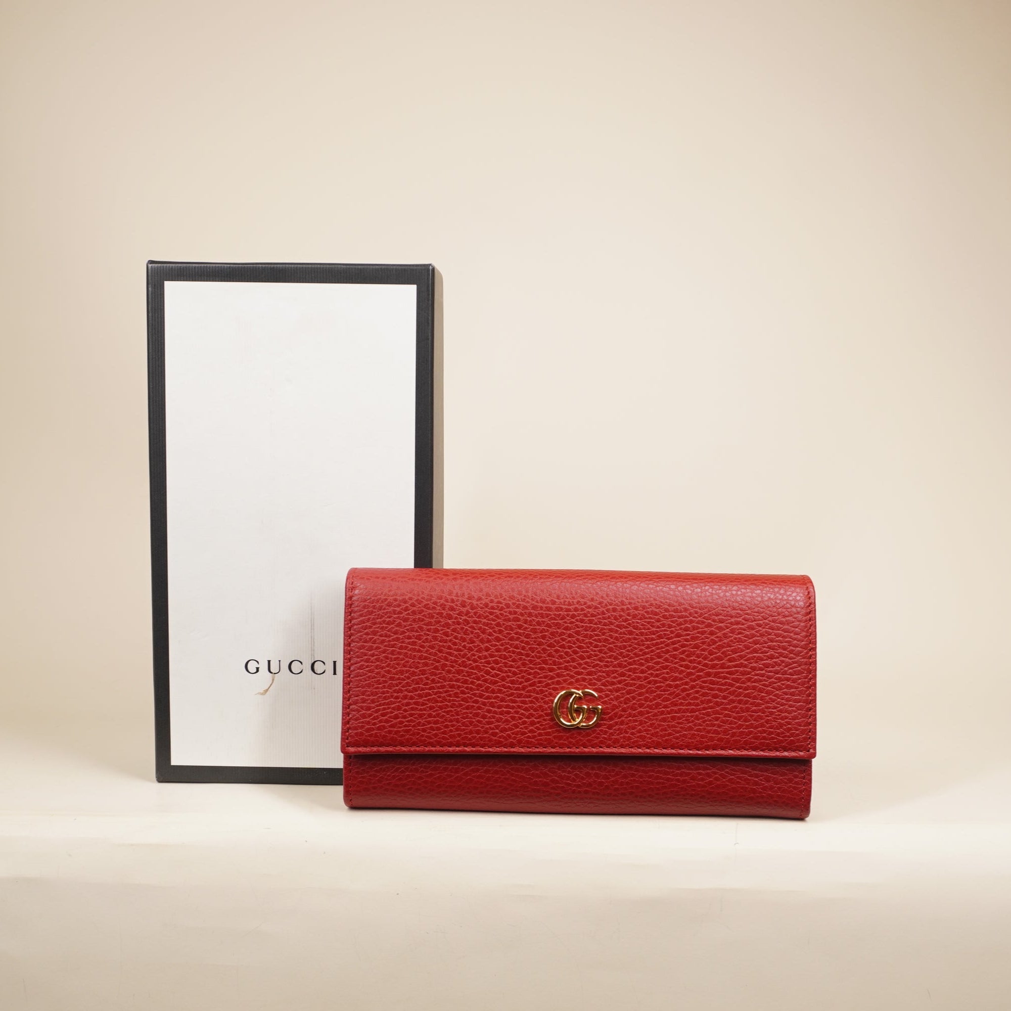 PRE-OWNED Dollar Calfskin GG Marmont Continental Wallet Hibiscus Red