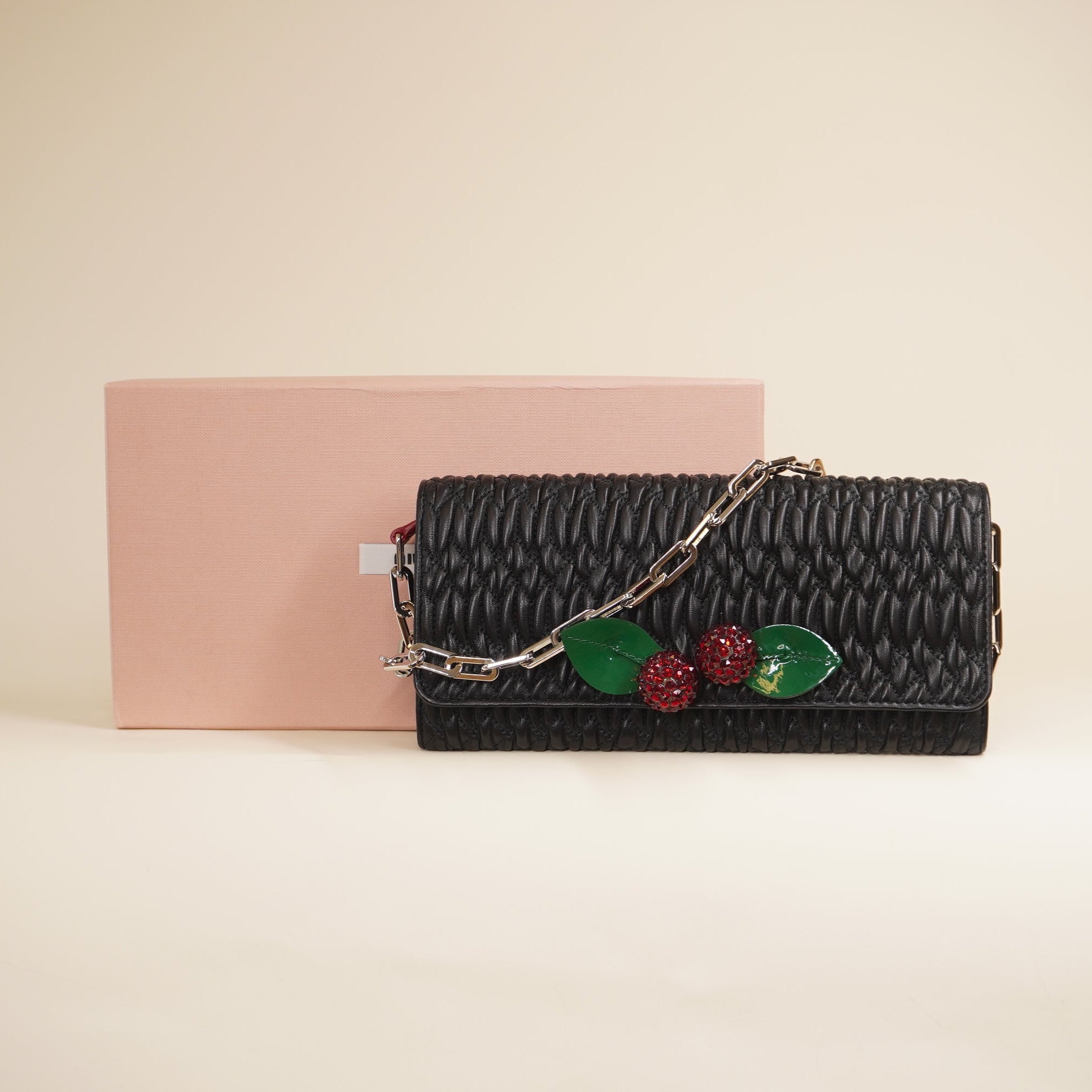 PRE-OWNED Black Nappa Matelasse Crystal Cherry Wallet On Chain