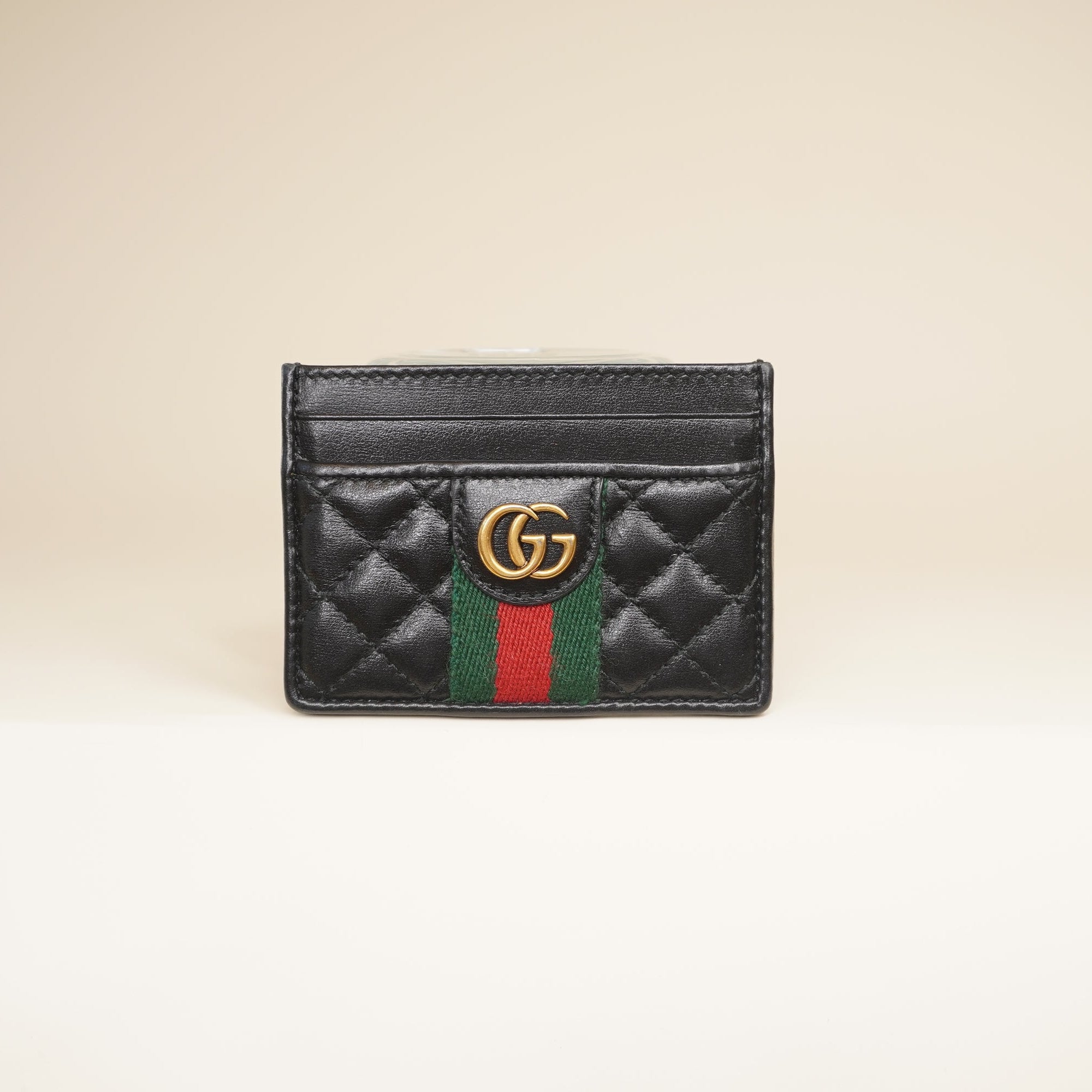 PRE-OWNED Calfskin Web Trapuntata Ophidia Card Holder Black