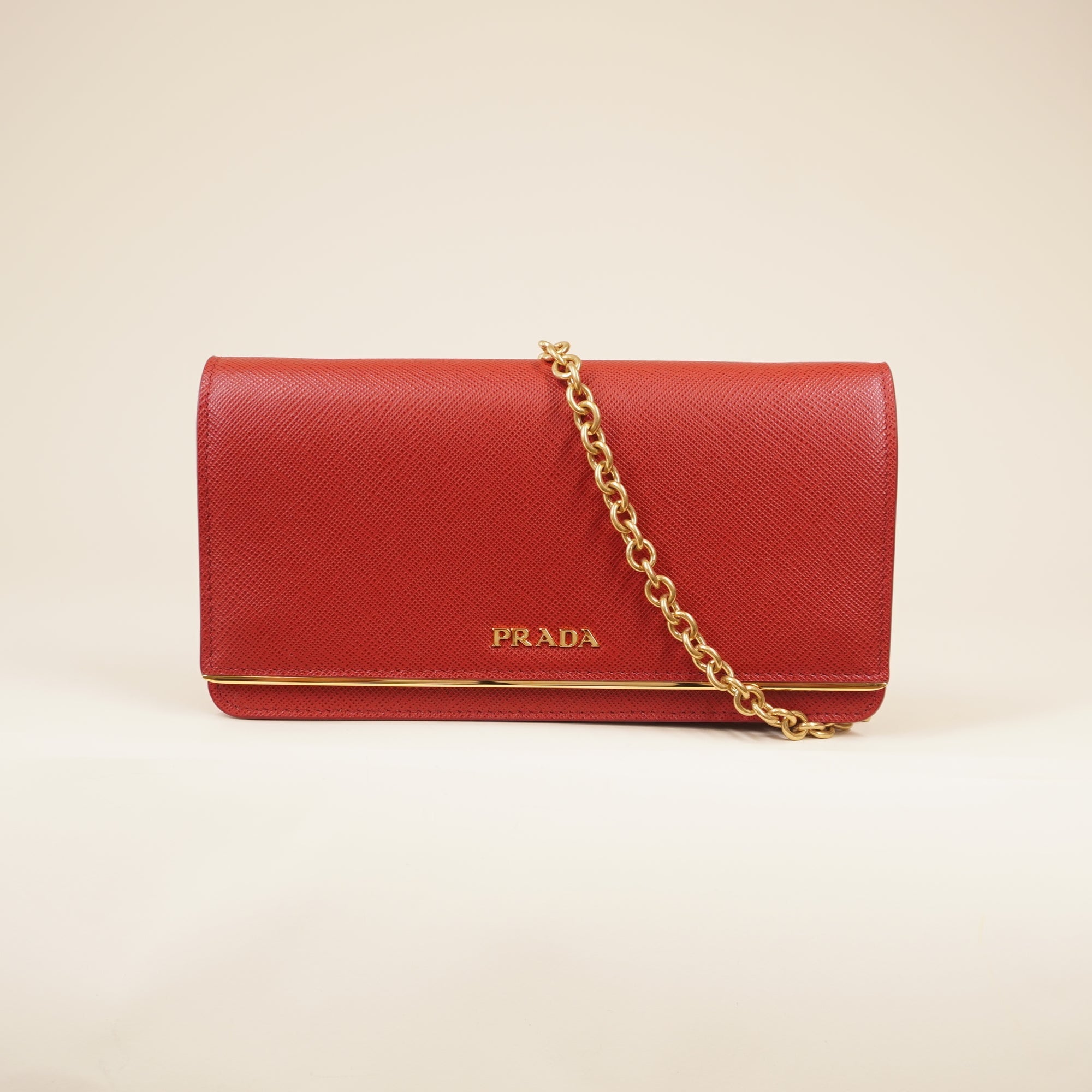 PRE-ONWED Saffiano Leather Red Wallet on Chain