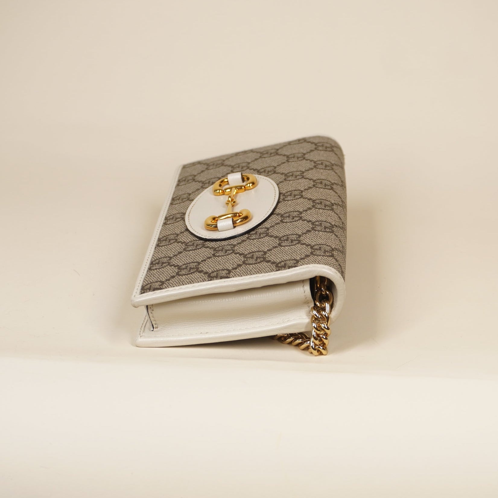 PRE-OWNED GG Supreme Monogram Azalea Calfskin Horsebit 1955 Wallet On Chain