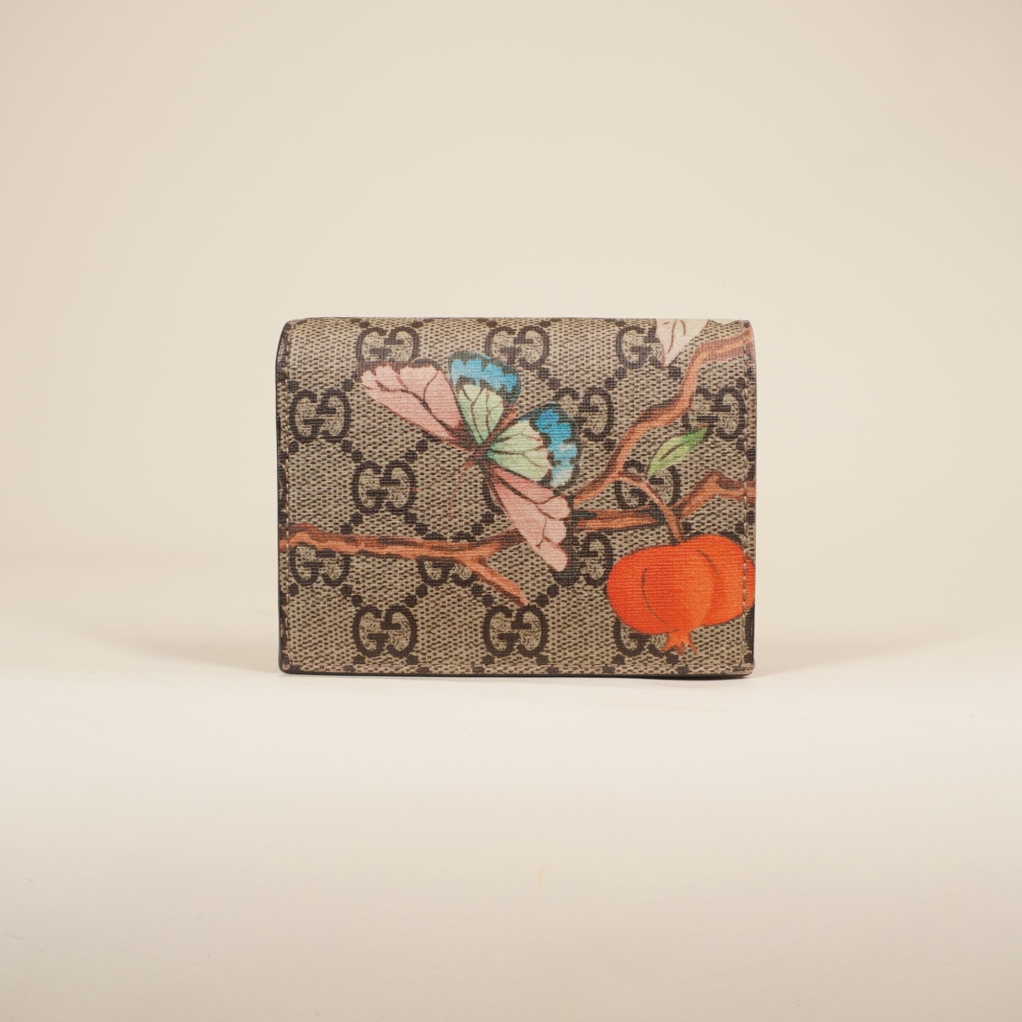 PRE-OWNED GG Supreme Monogram Tian Card Case Beige Multicolor Red