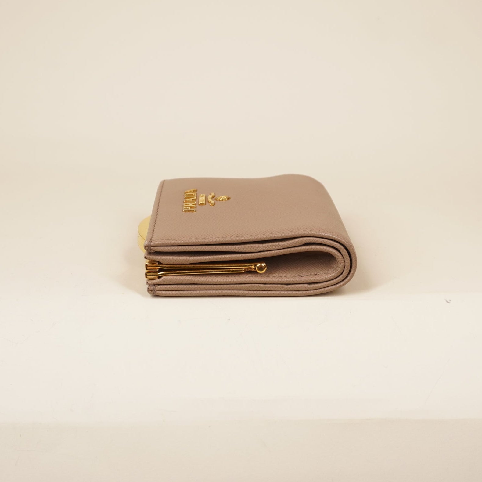 PRE-OWNED Beige Saffiano Metal Leather Frame Compact Wallet