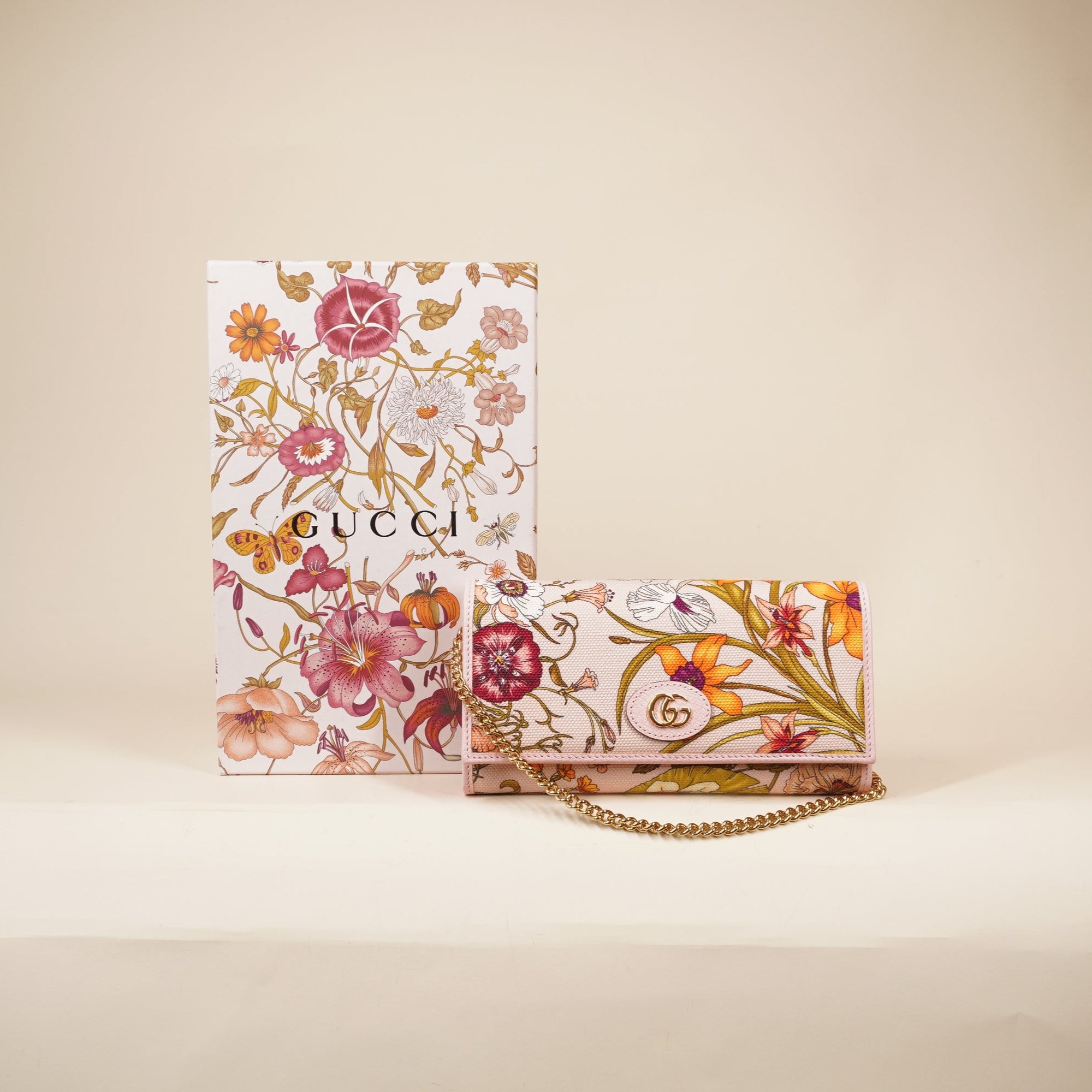 PRE-OWNED Canvas Flora Wallet On Chain Light Pink