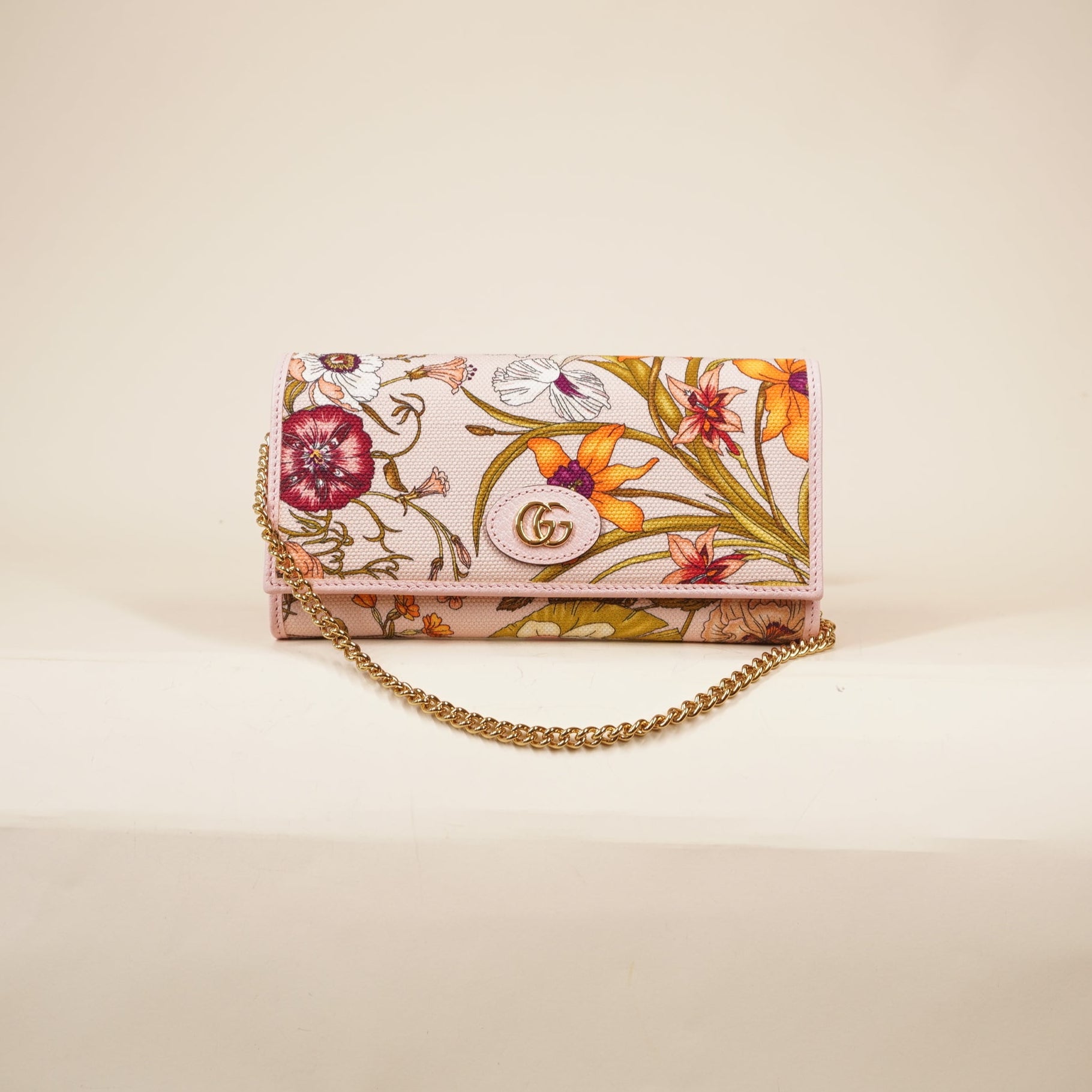 PRE-OWNED Canvas Flora Wallet On Chain Light Pink