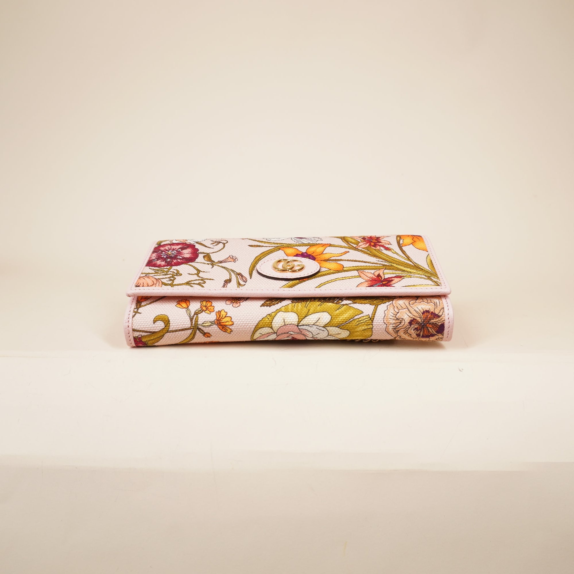 PRE-OWNED Canvas Flora Wallet On Chain Light Pink