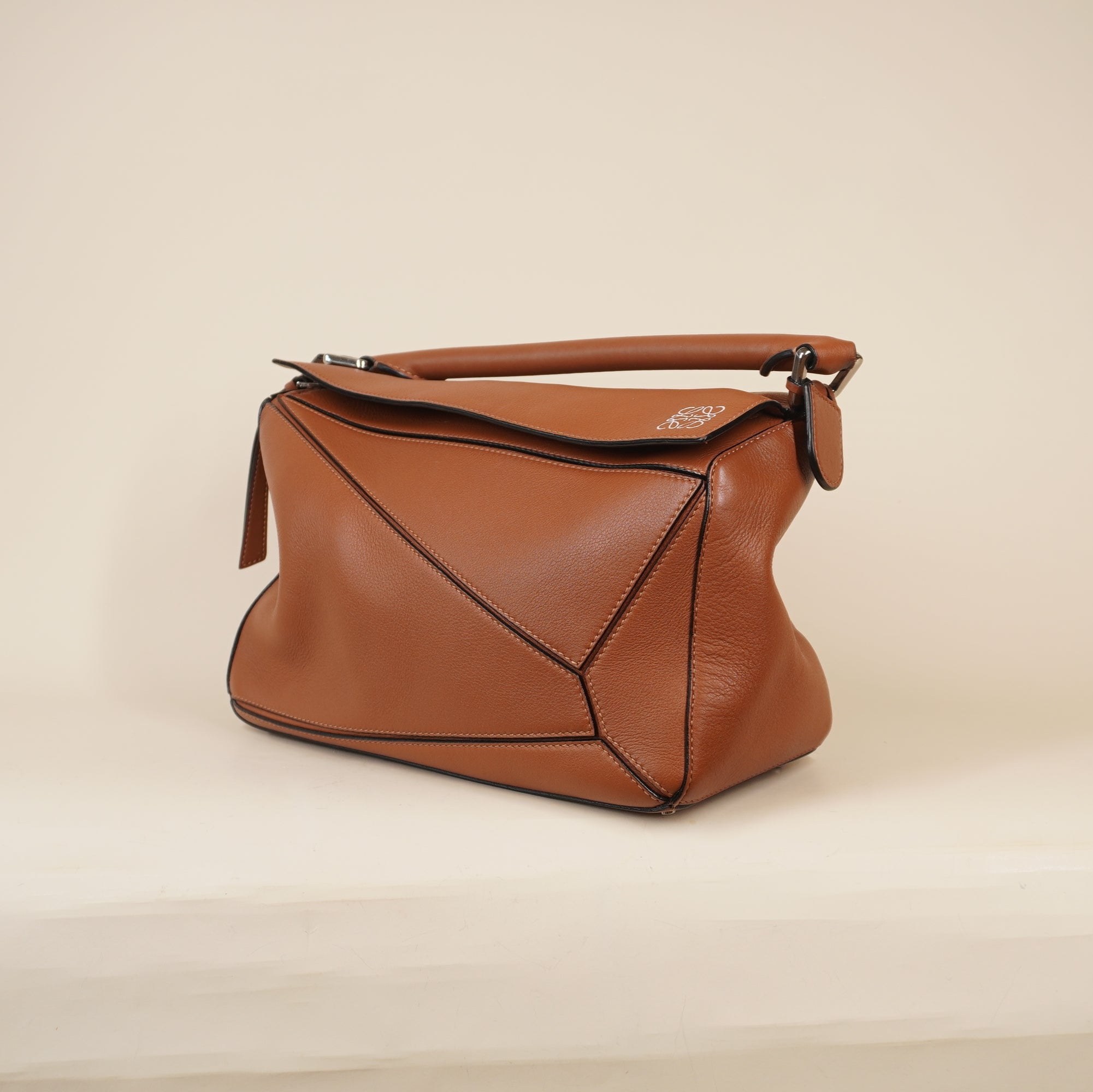 PRE-OWNED Brown Tan Calfskin Medium Puzzle Bag