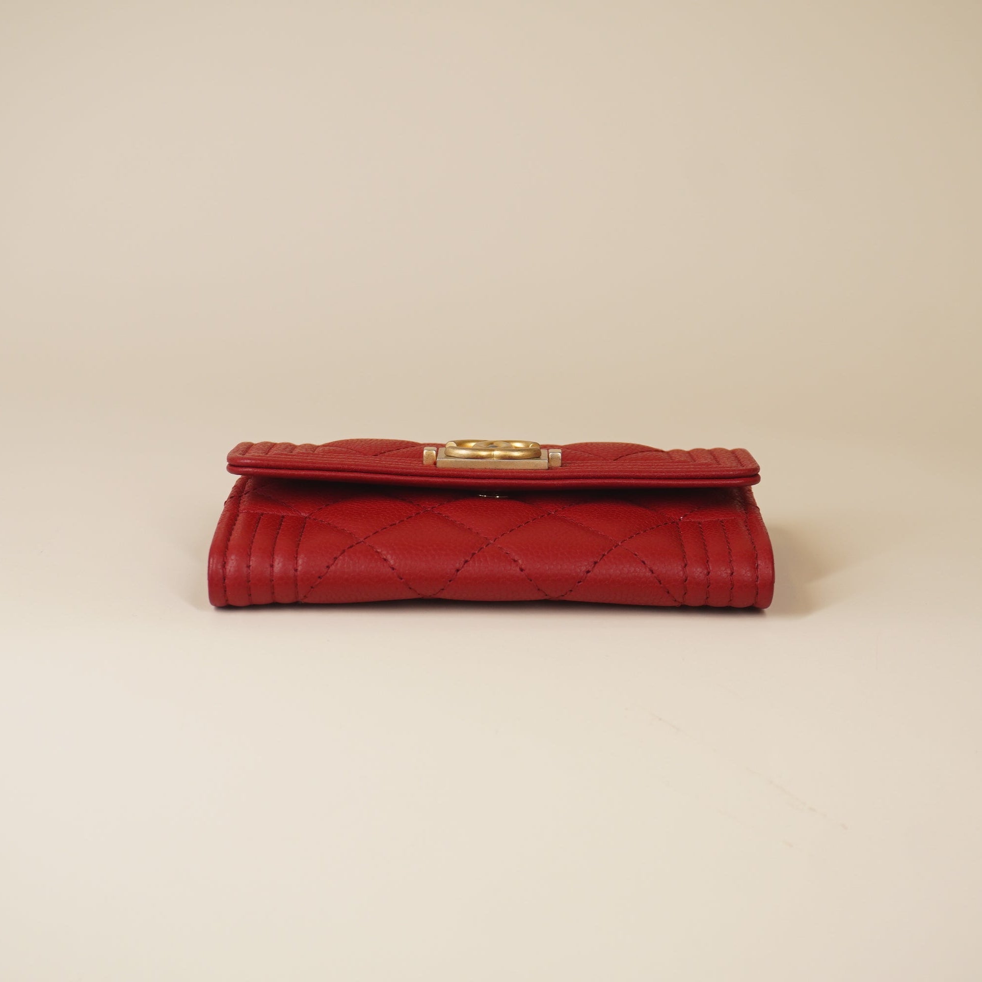 PRE-OWNED CC Red Caviar Quilted Boy Flap Card Holder
