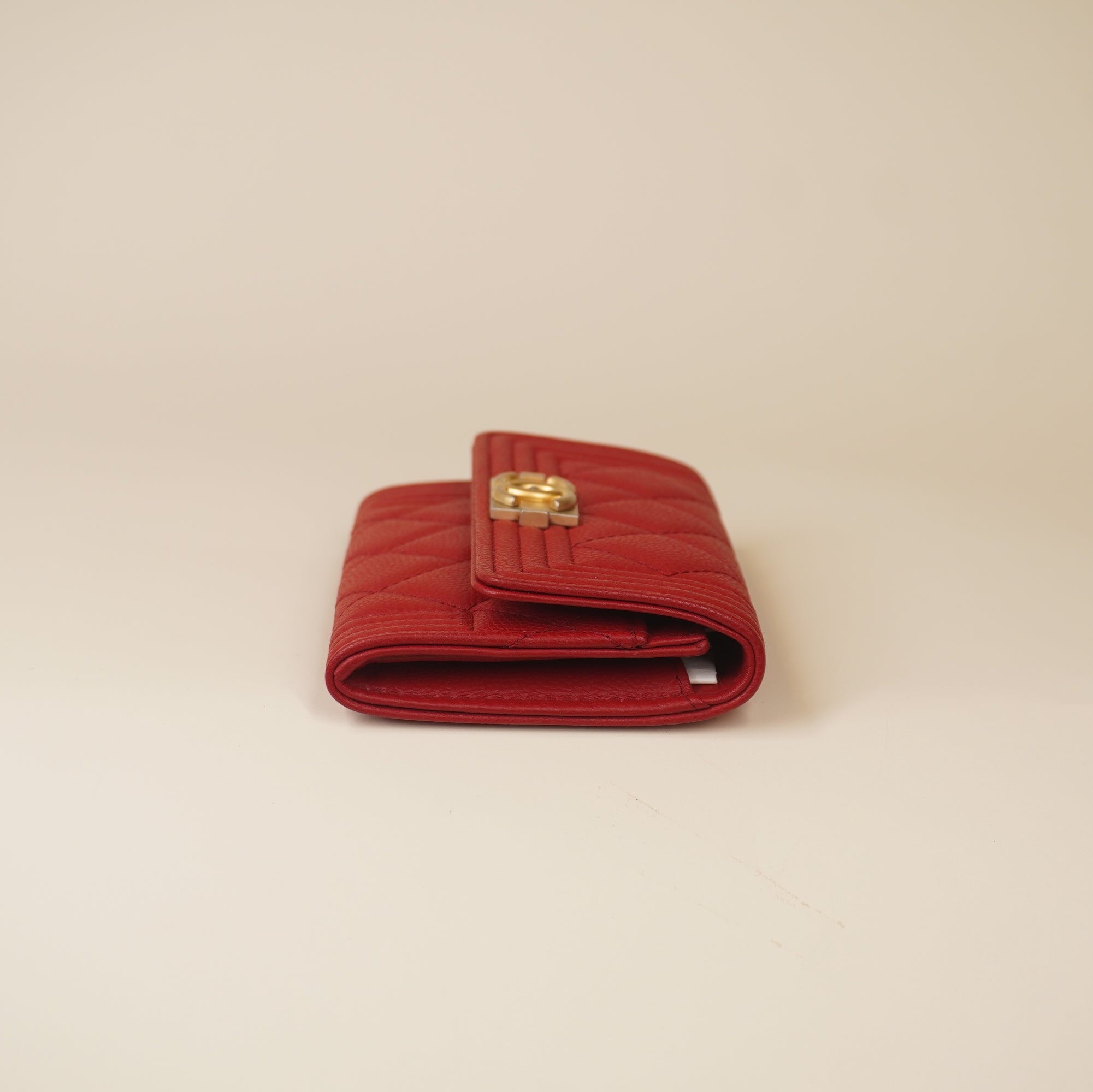 PRE-OWNED CC Red Caviar Quilted Boy Flap Card Holder