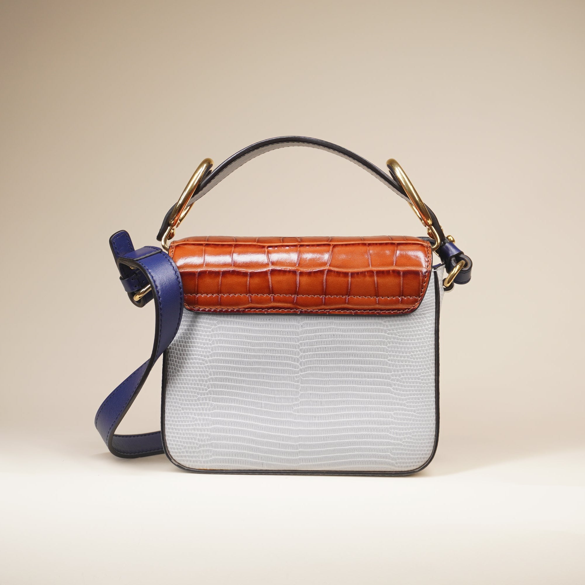 PRE-OWNED Mini C Double Carry Calfskin Crocodile Lizard Embossed Shoulder Bag