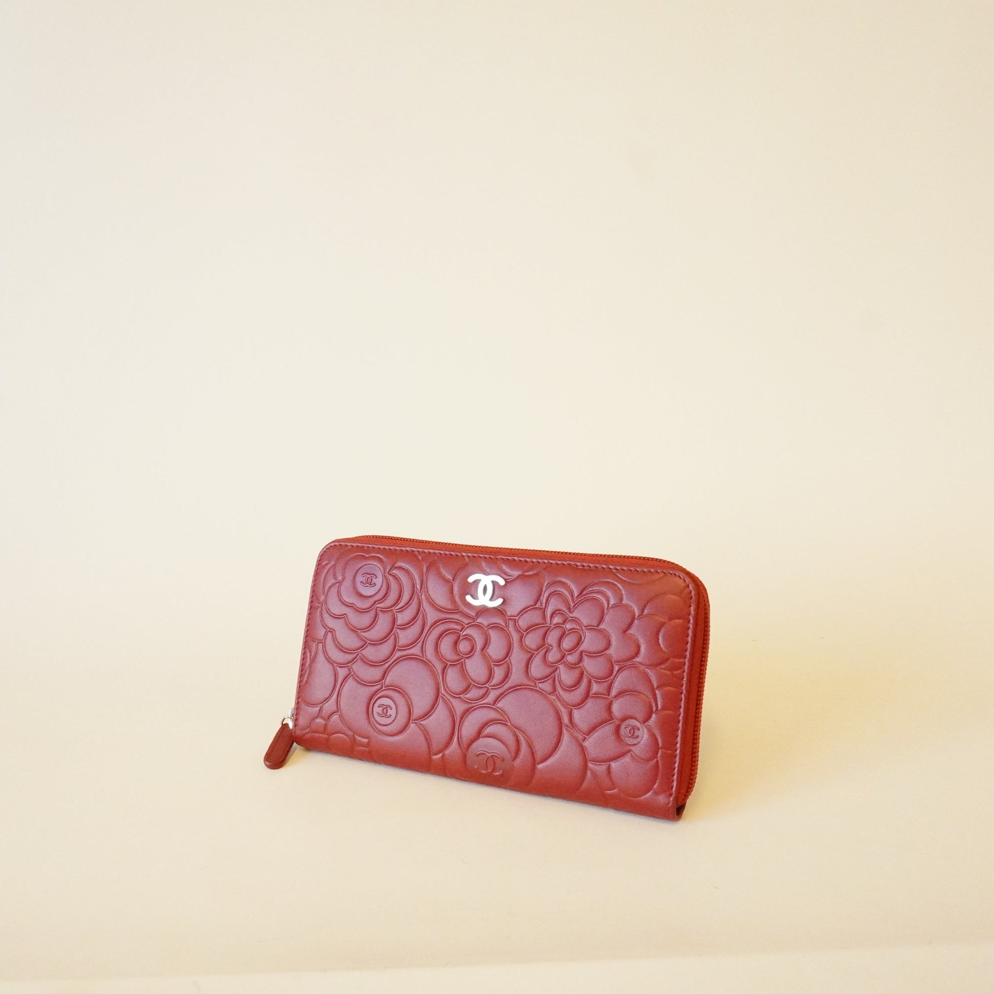 PRE-OWNED CC Red Caviar Leather Camellia Embossed Zip Around Long Wallet