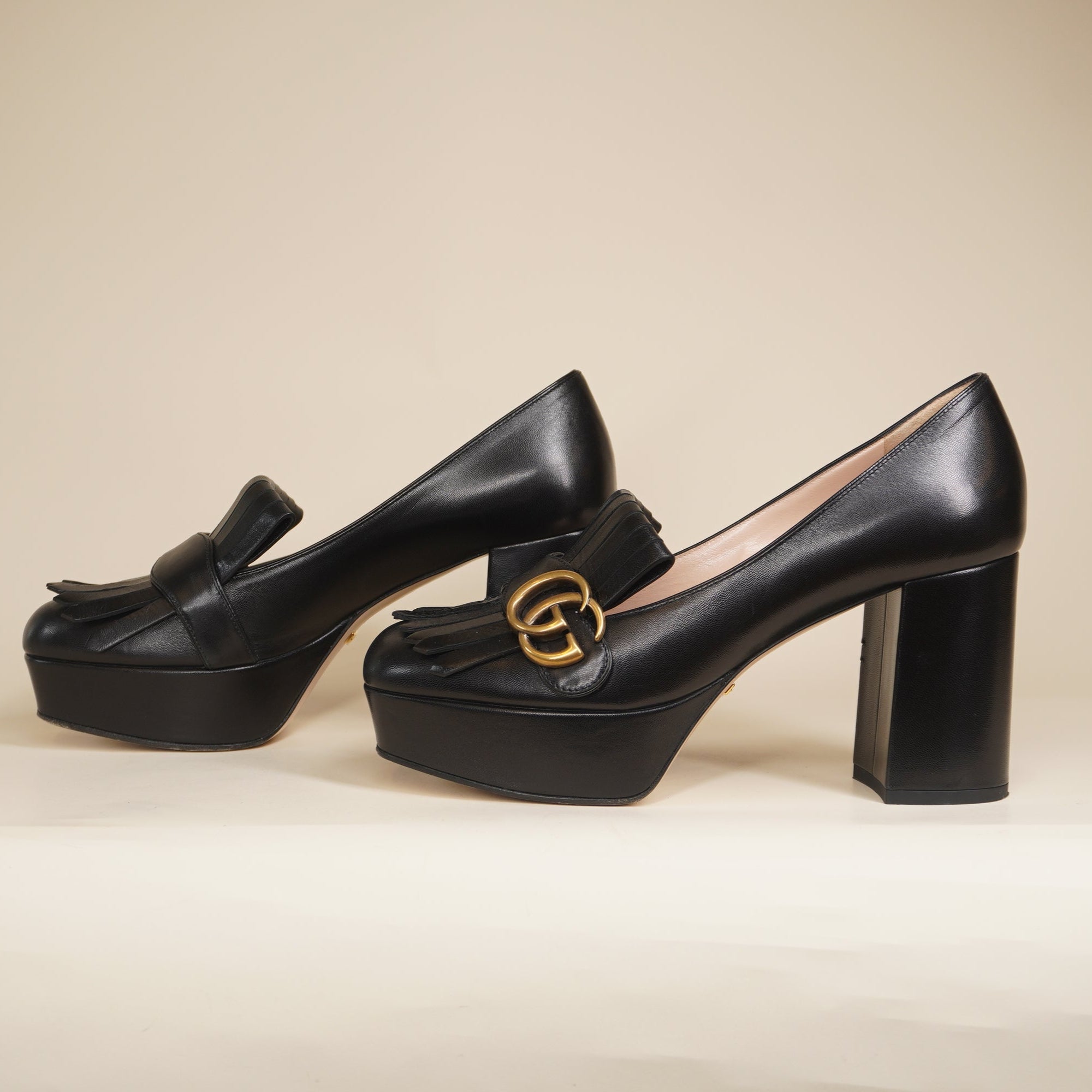 PRE-OWNED Black Leather GG Marmont Fringe Platform Pumps