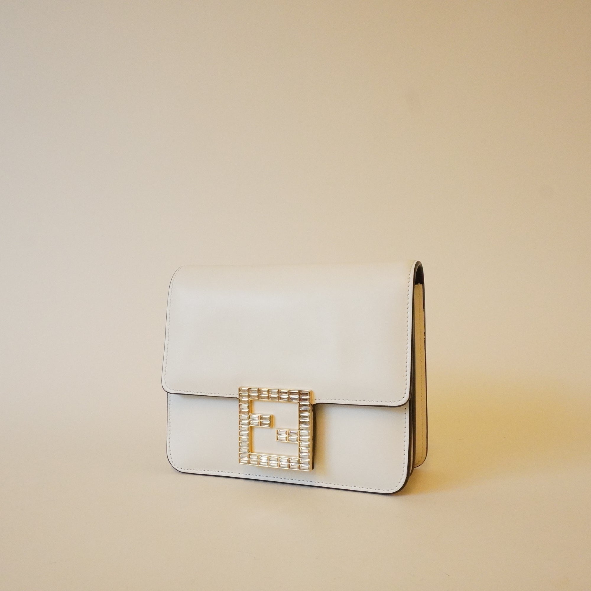 PRE-OWNED FF White Leather Crystal Fab Crossbody Bag