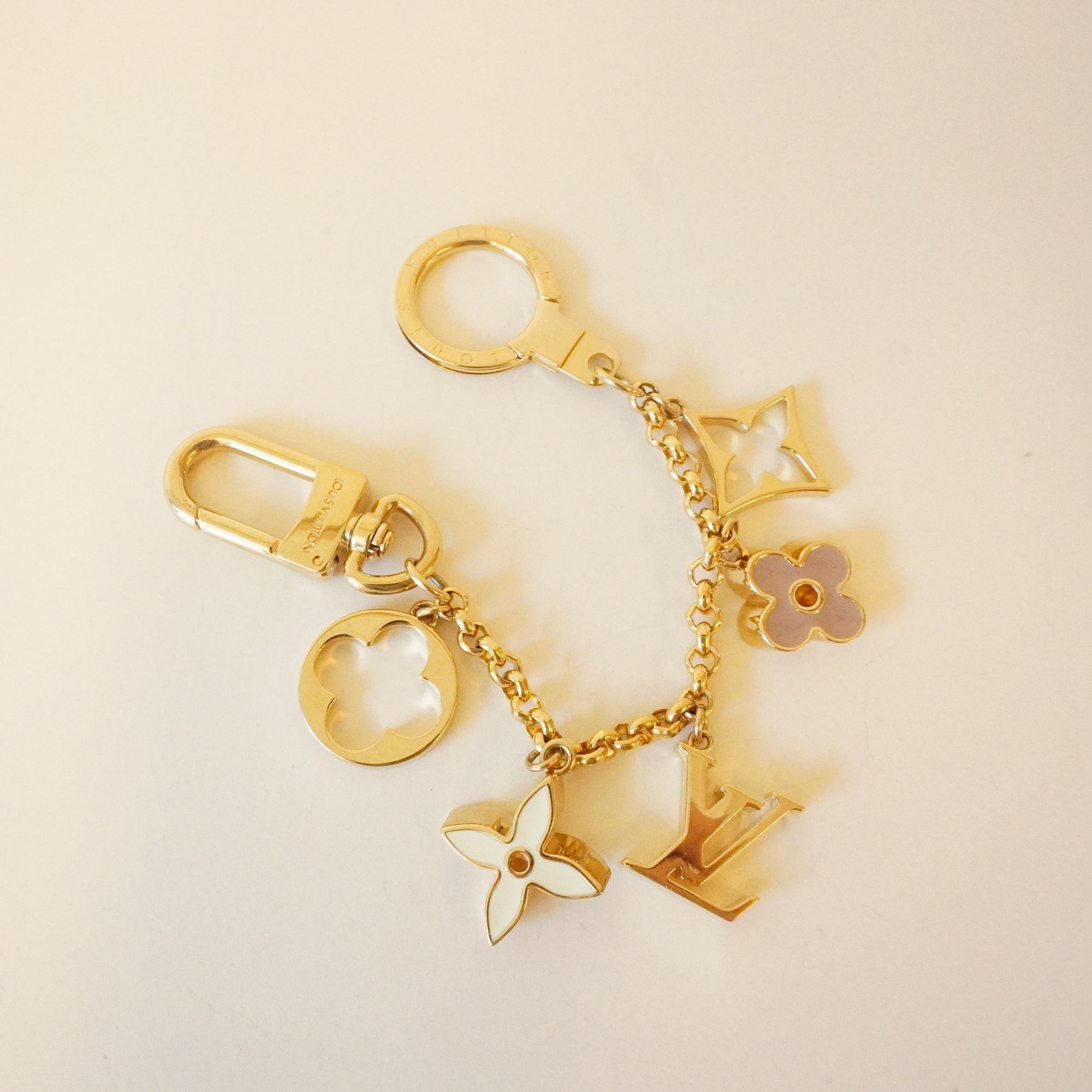 PRE-OWNED LV Gold Chain Brass Enamel Fleur De Monogram Bag Charm
