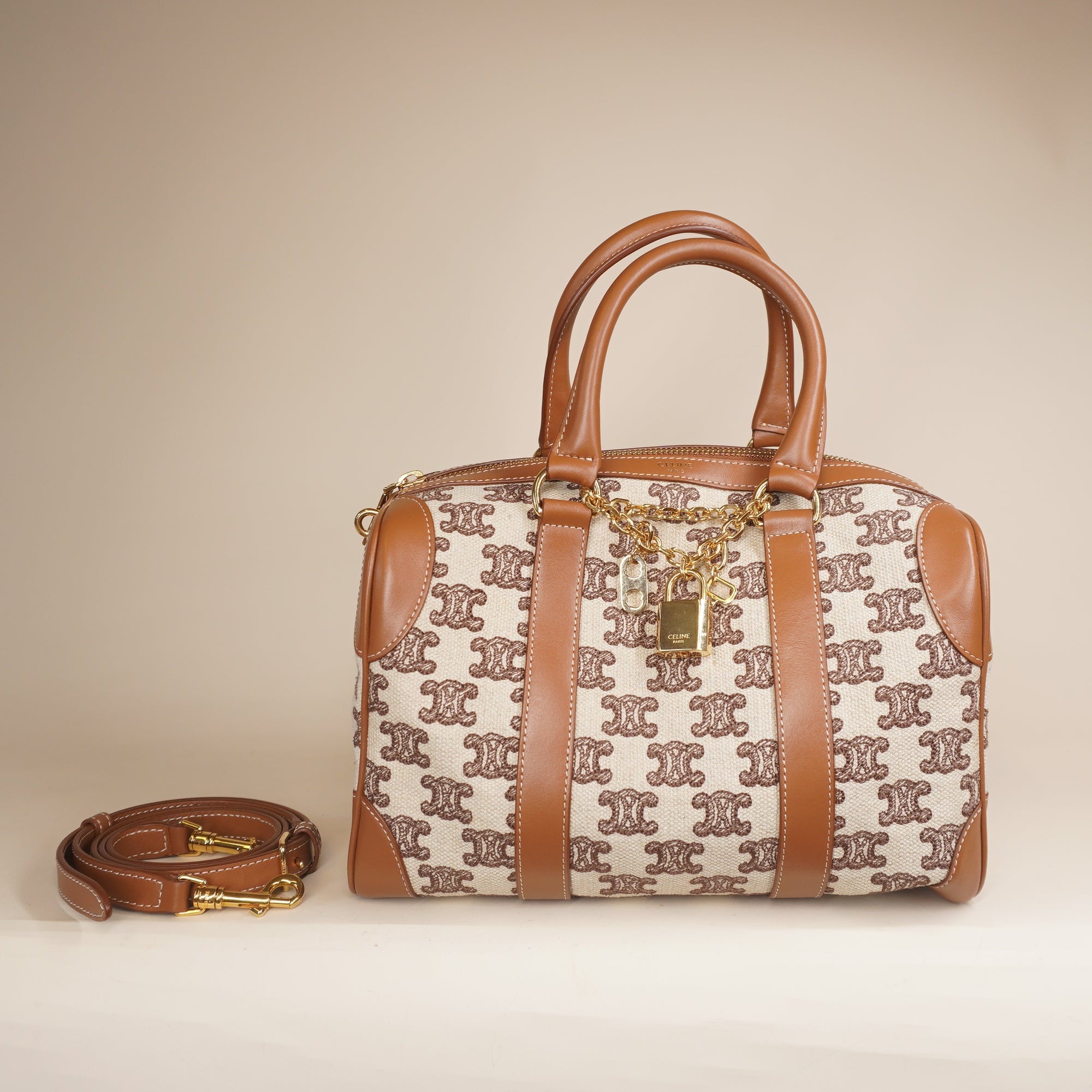 PRE-OWNED Triomphe Textile Calfskin Small Boston Bag Brown