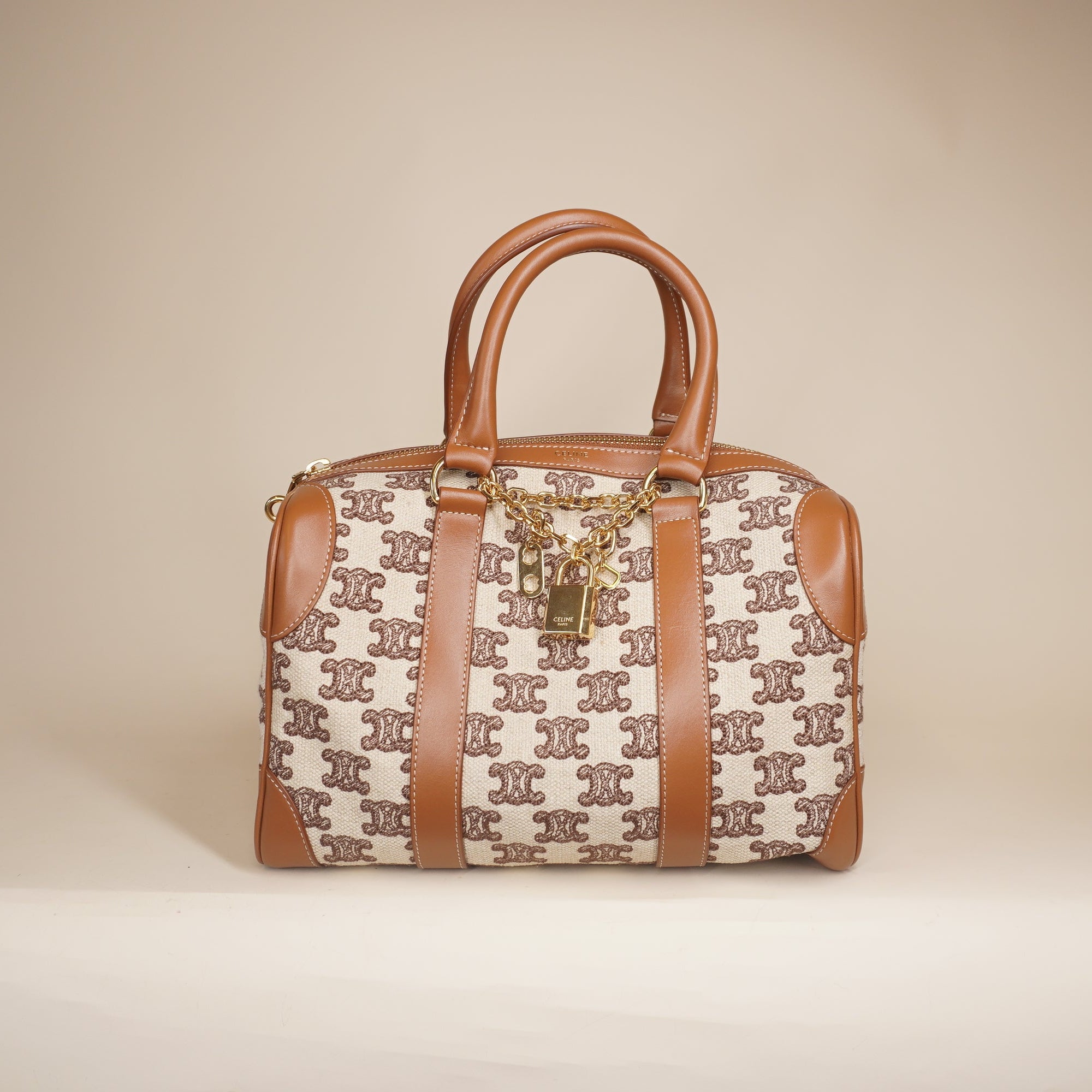 PRE-OWNED Triomphe Textile Calfskin Small Boston Bag Brown