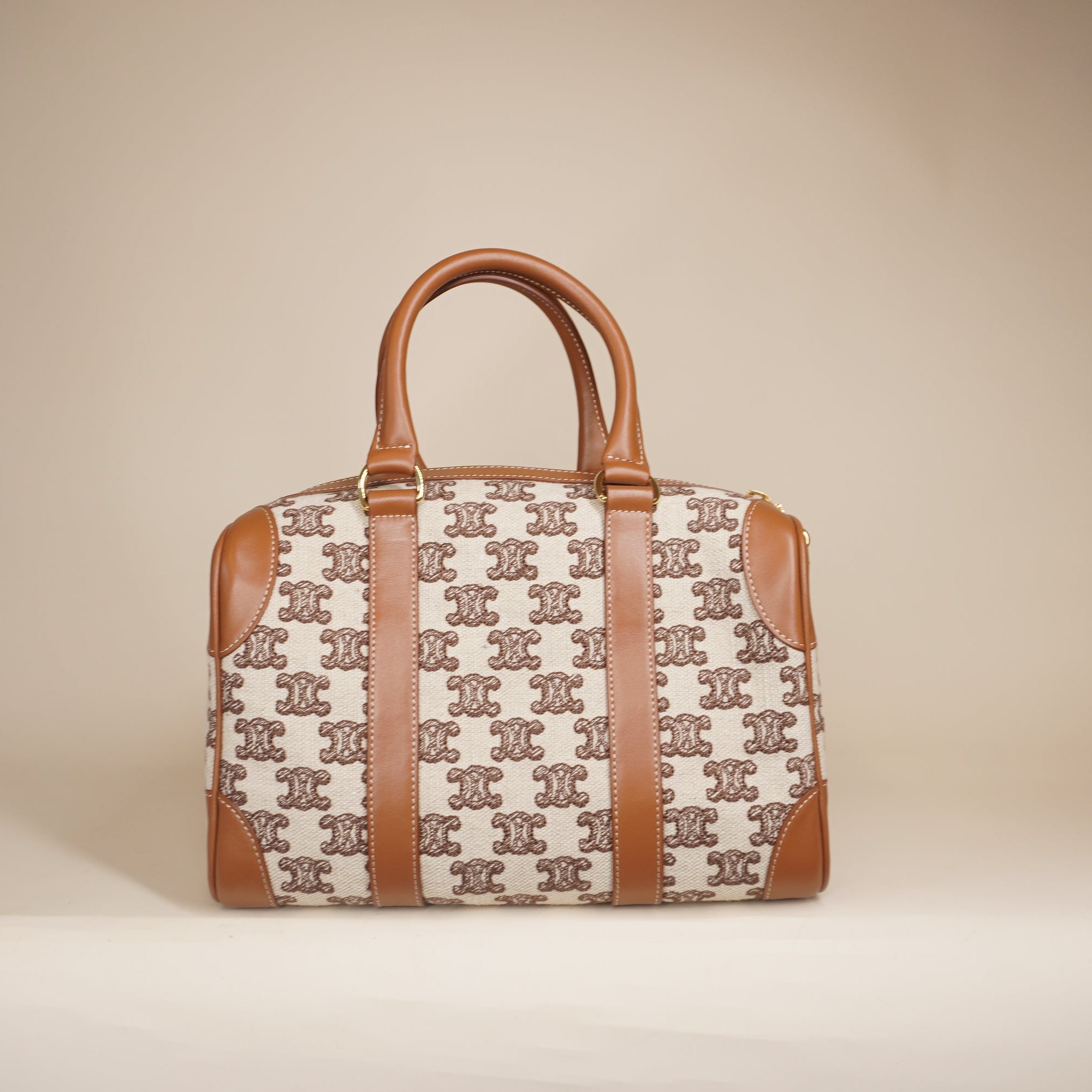 PRE-OWNED Triomphe Textile Calfskin Small Boston Bag Brown
