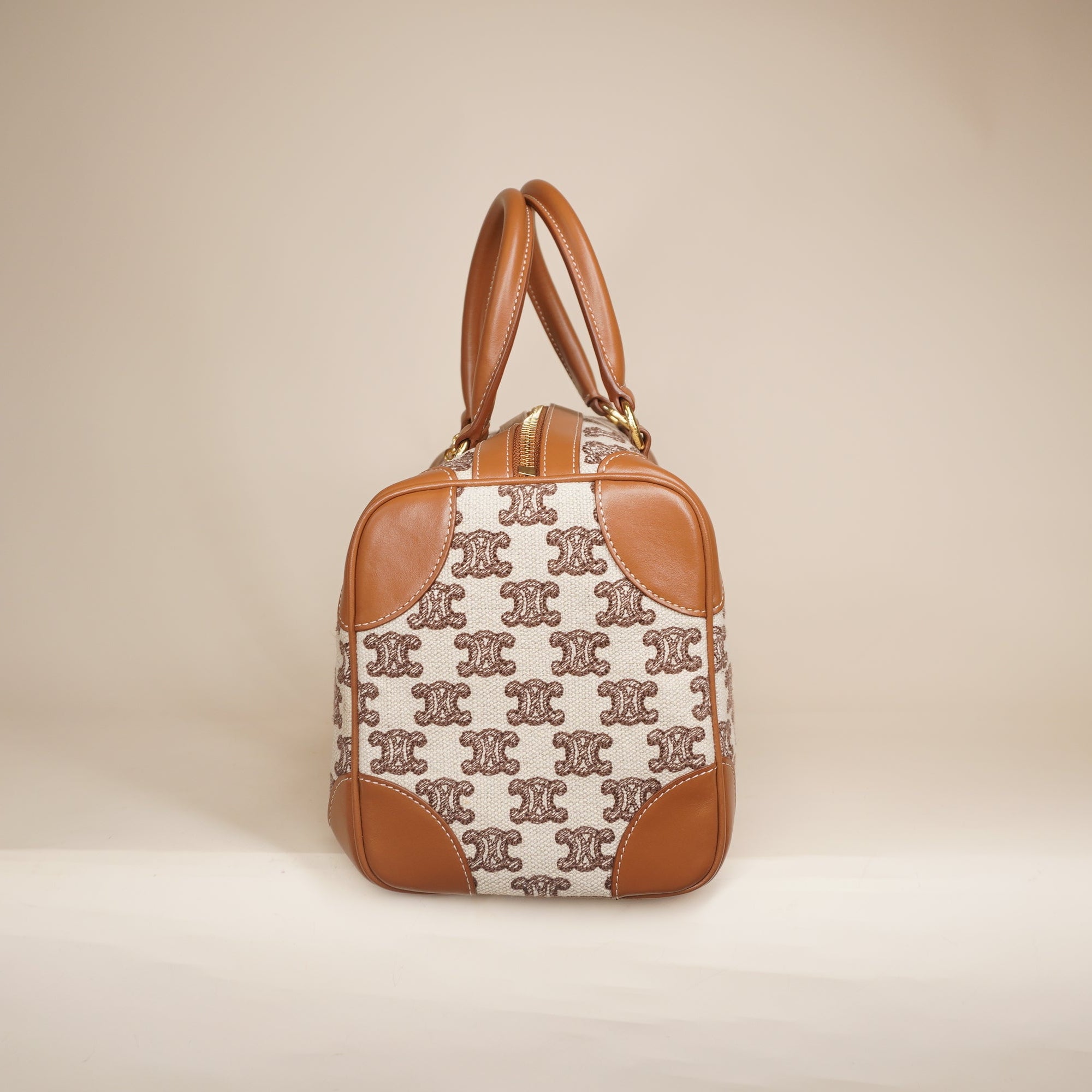 PRE-OWNED Triomphe Textile Calfskin Small Boston Bag Brown