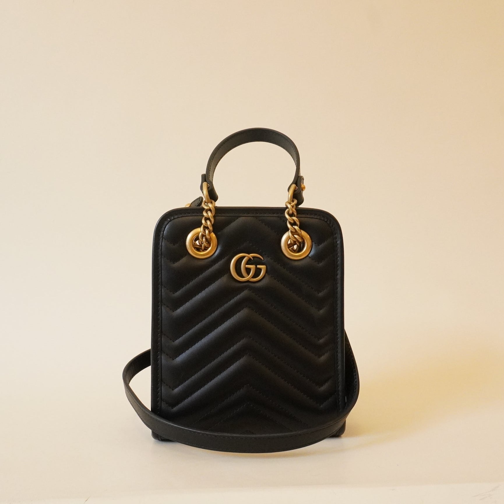 PRE-OWNED GG Black Marmont Matelasse Mini Tote Bag