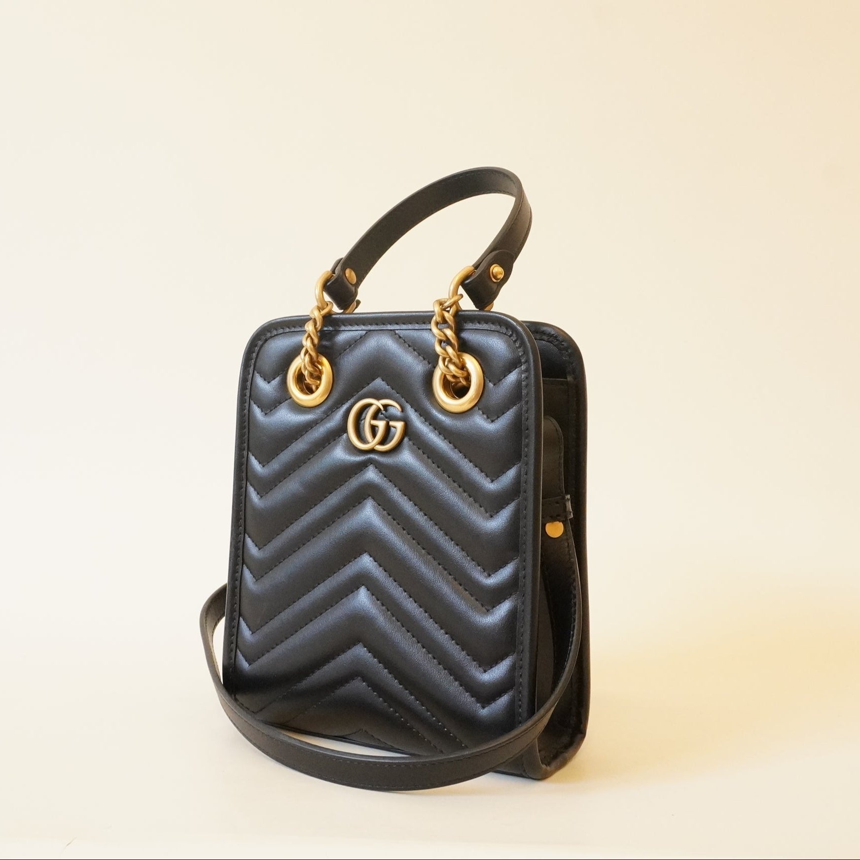 PRE-OWNED GG Black Marmont Matelasse Mini Tote Bag