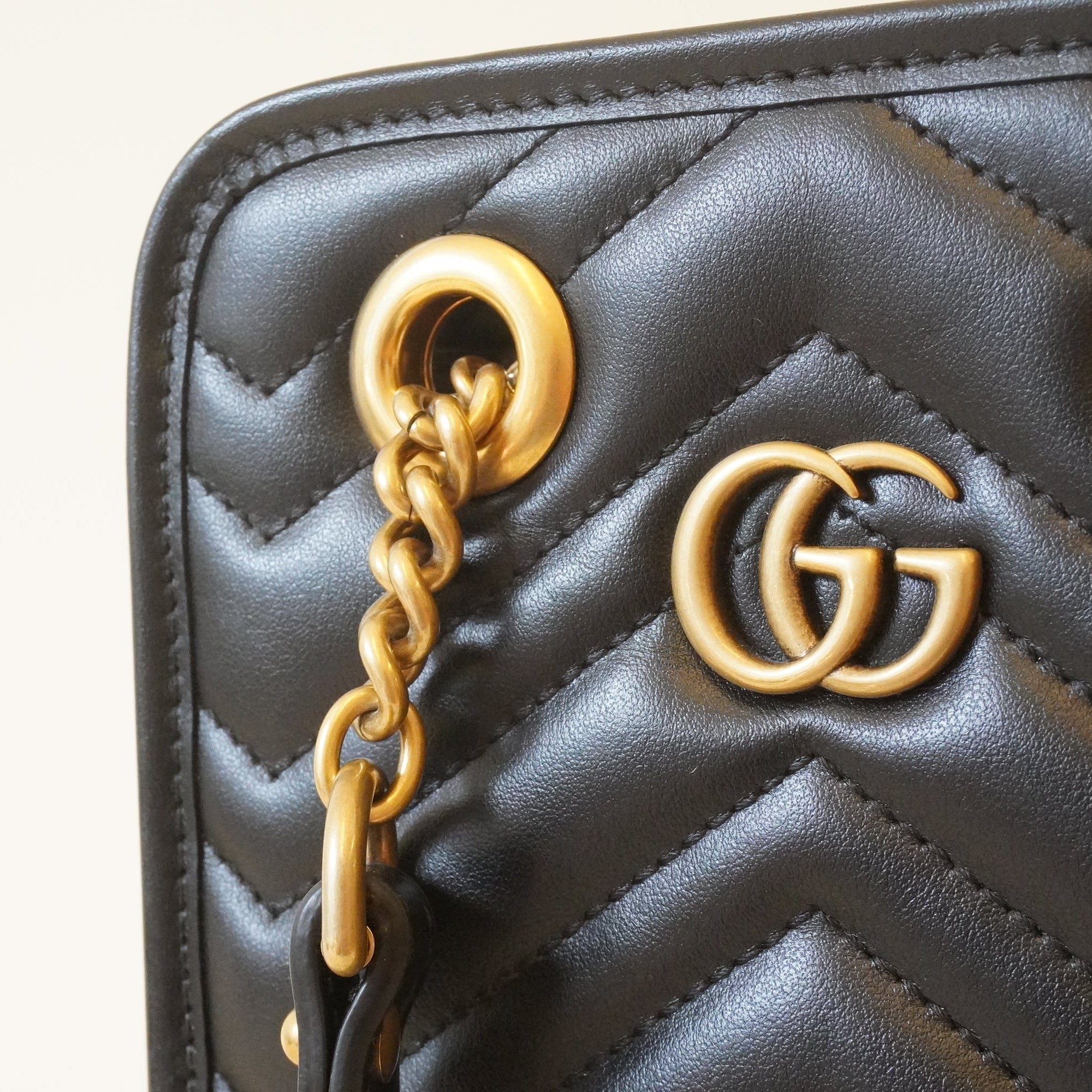 PRE-OWNED GG Black Marmont Matelasse Mini Tote Bag