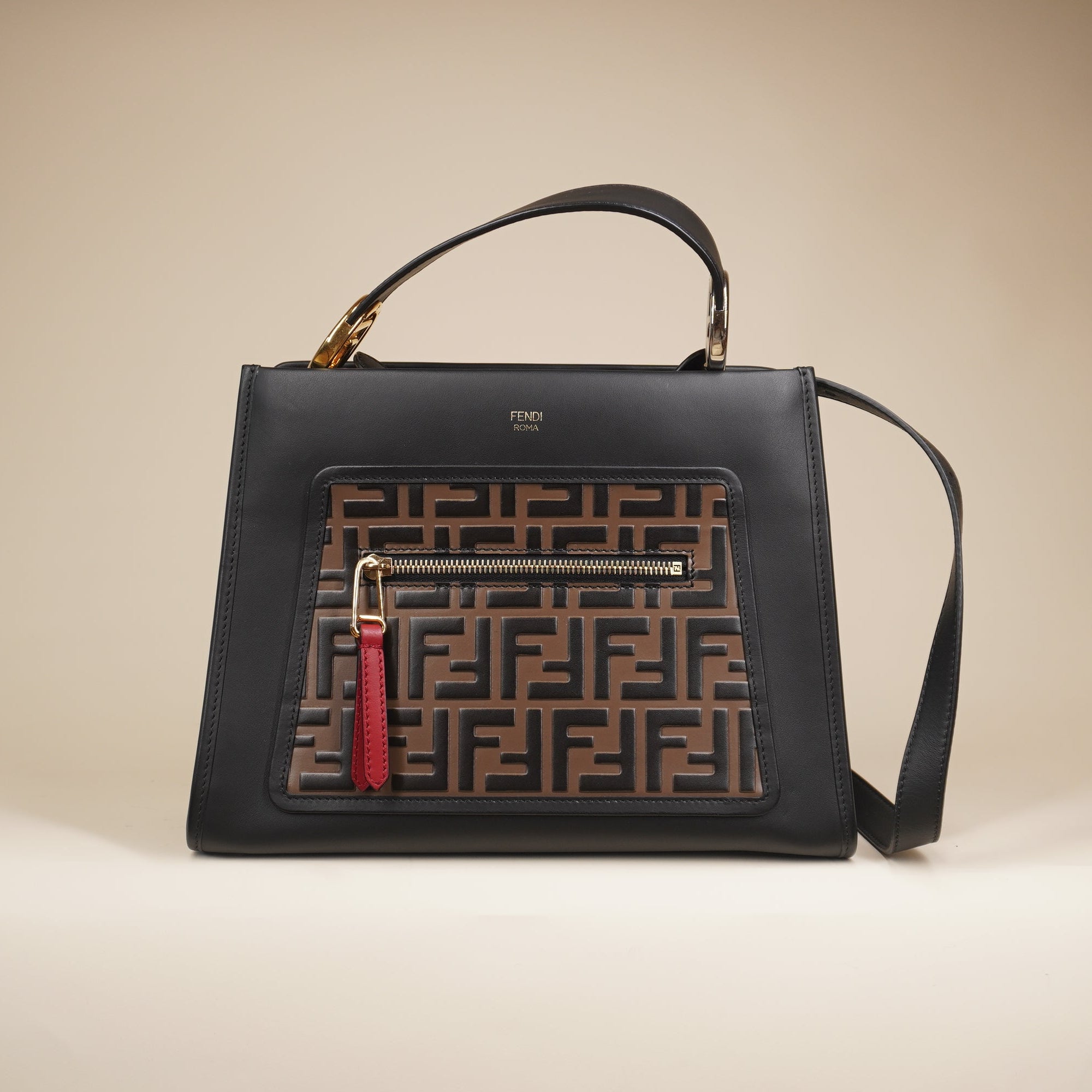 PRE-OWNED Vitello Century F is Fendi FF 1974 Embossed Small Runaway Satchel Black Maya